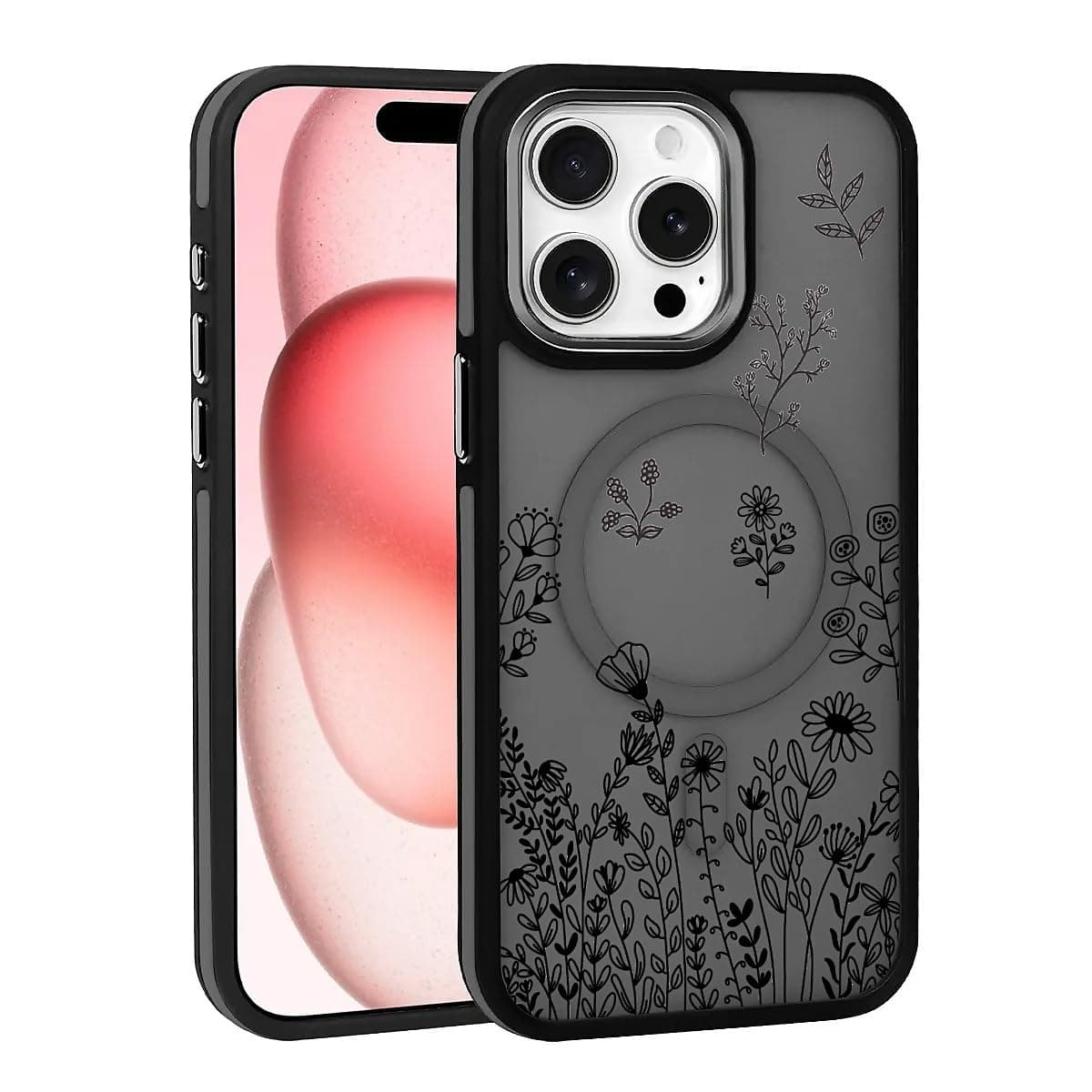 MQJCYB Case for iPhone 14 Pro Design On Matte Black Base,Compatible with MagSafe,Slim Protective Soft TPU Bumper,Magnetic for Women Girls Case for iPhone 14 Pro-Black Wildflower Black