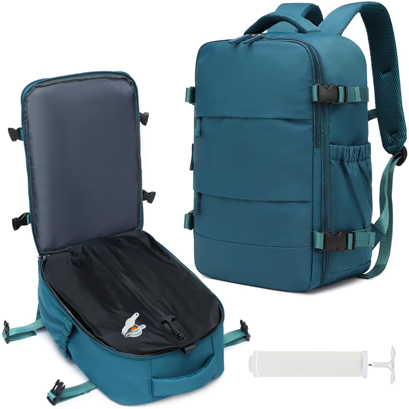 FOXTOUR Travel Backpack w/Vacuum Compression (w/Pump) - Carry-On, 18x14x8 In, Multi-Comp Laptop Bag, 孔雀蓝, Medium, Classic Version Travel Backpack