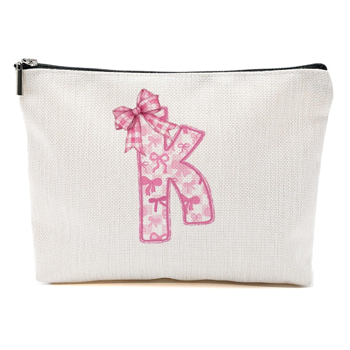MQBMQB Personalized Initial Letter Makeup Bag, Rose Initial Cosmetic Bag with Zipper Birthday Gifts for Women Girls, Pink bow K, 9.62 * 7.42 Inches, Pink Bow