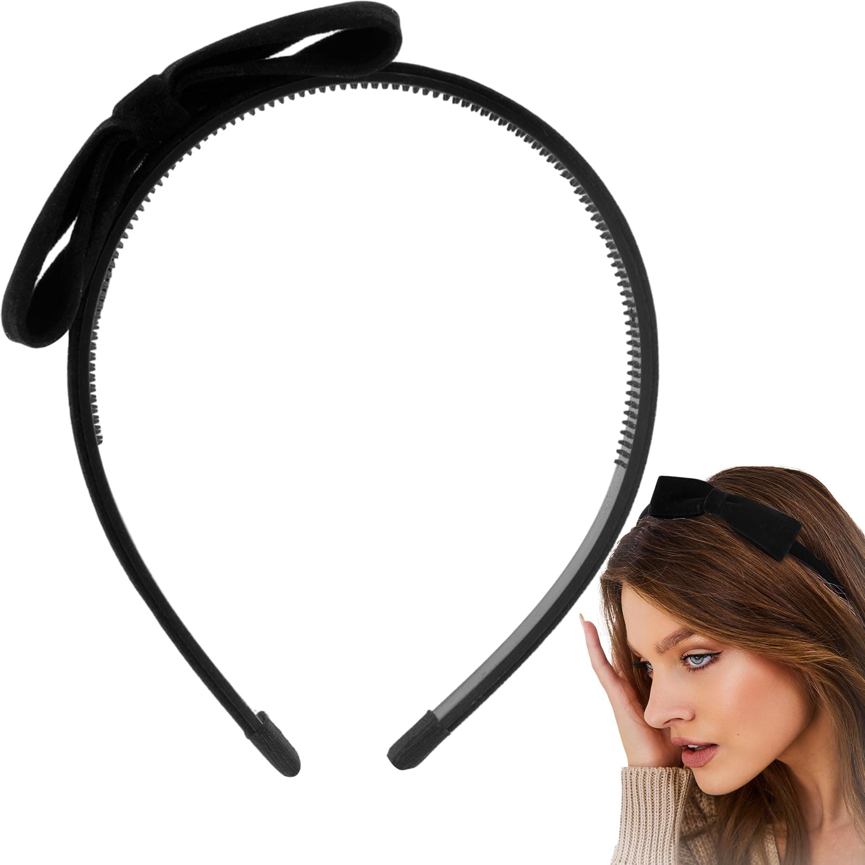 HINZIC Bow Headbands, Black Thin Bowknot Hairband for Women, Non-slip Toothed Design Bow Headband Cute Bowknot Headpiece for Festivals, Cosplay, Party- 1 Pcs