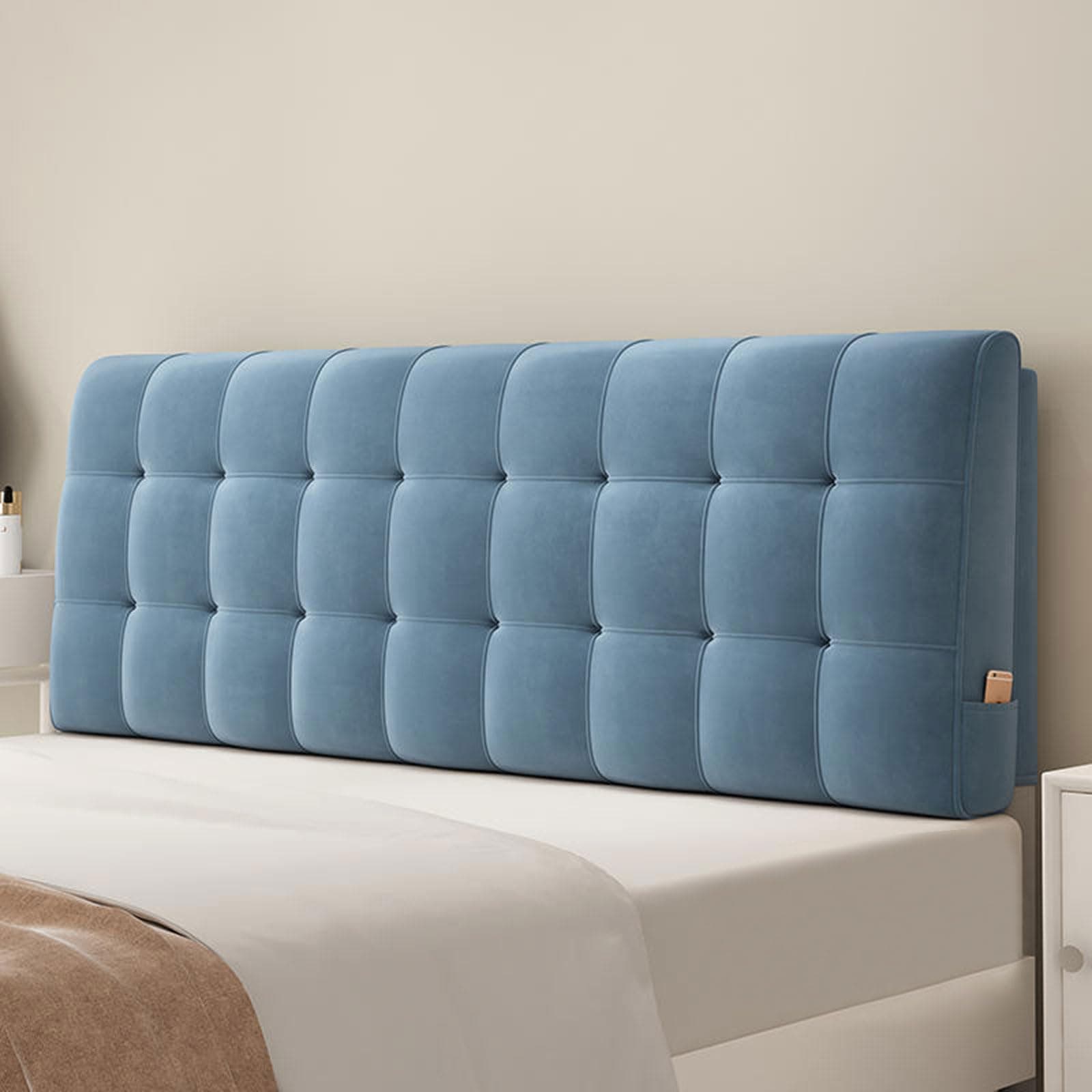 Plush Headboard Cushion Double Single King Size Upholstered Bed Headboards Covers Thicken Anti-collision Backrest Support Reading Pillows Protector Dust Cover Washable(No headboard-90x60x10cm,Blue2)