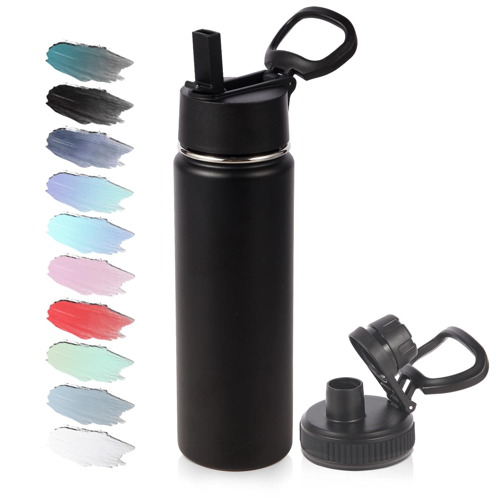 Volhoply 20oz Insulated Stainless Steel Water Bottle with Straw Lid, Kids Wide Mouth Double Wall Vacuum Cups with Handle,Reusable Outdoor Sports Metal Bottles,Travel Flask Keep Cold&Hot(Black,1)
