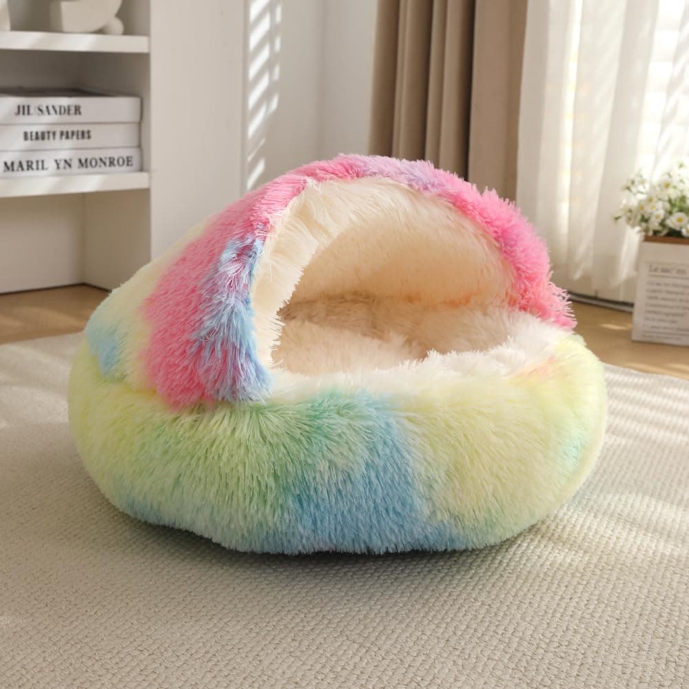 Lapcatz Nest Bed - Cat Beds for Indoor Cats, Plush Warm Nest for Cats Dogs & Puppies (Rainbow, 32 x 32in)
