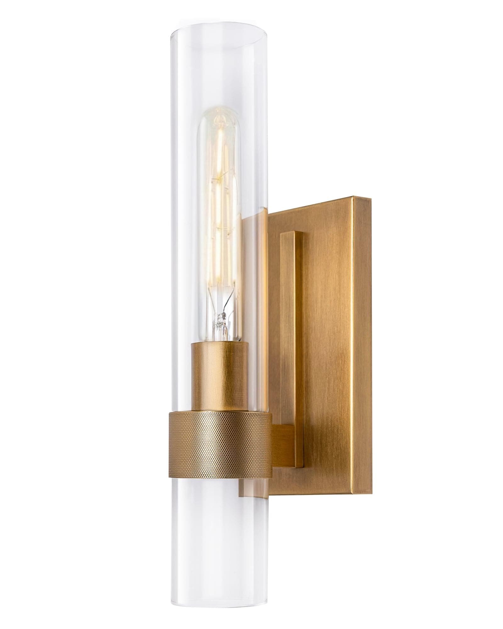 Opulux Brass Wall Sconce with Clear Glass Shade, Modern Long Tube Design, Antique Brushed Brass Lighting Fixture for Bathroom, Living Room, and Bedroom