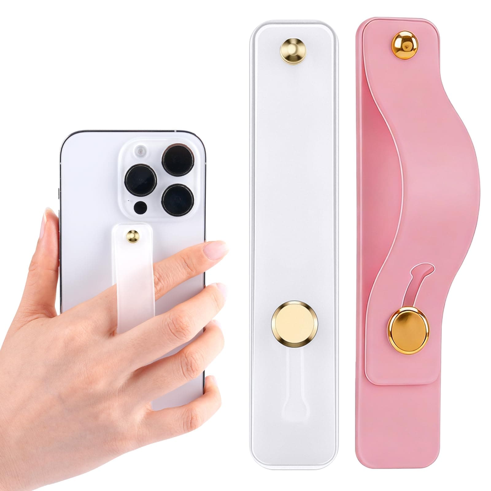 2-Pack White Silicone Phone Strap with Kickstand - Versatile Grip & Holder for Most Phones and Cases (Transparent * 1 + Light Pink * 1)