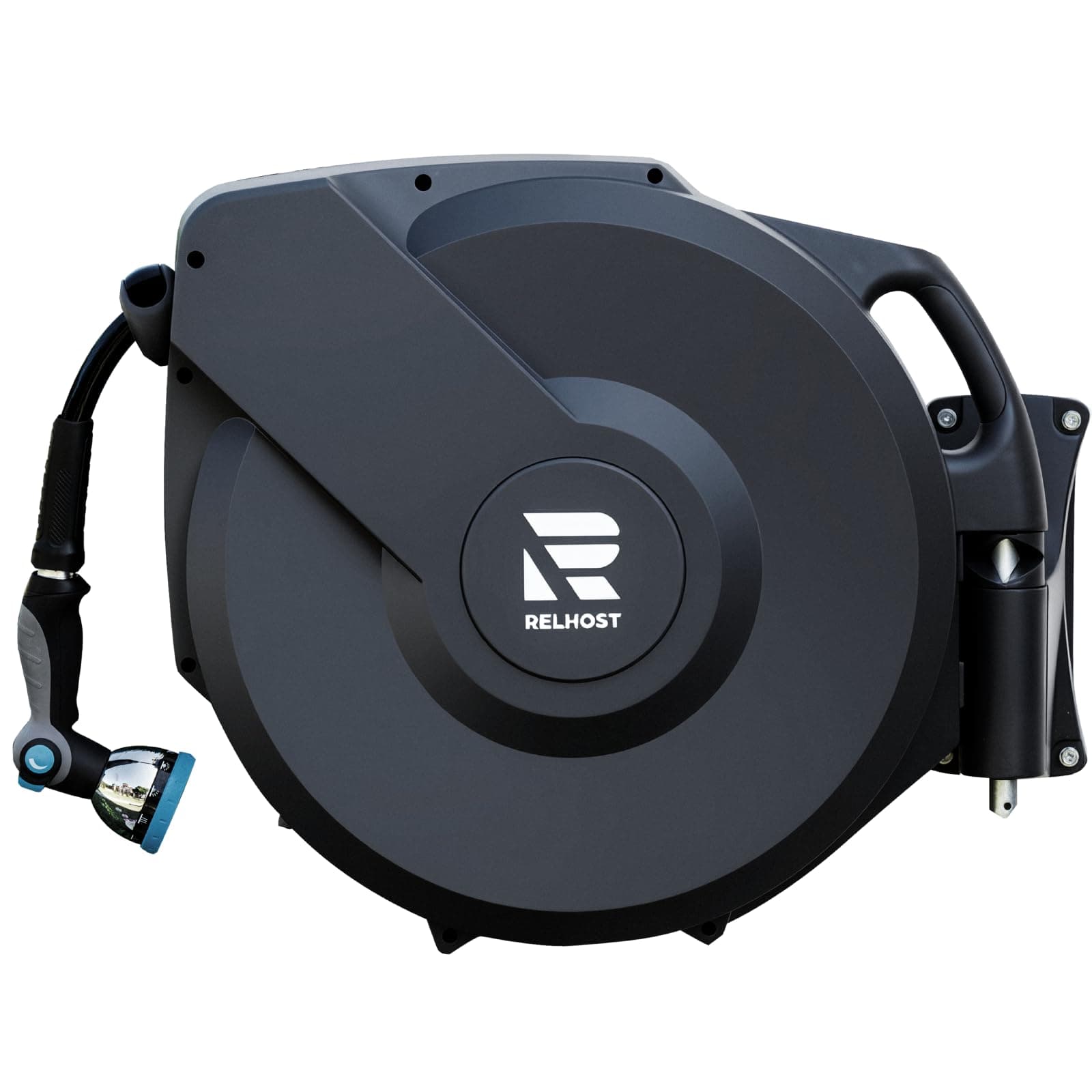 Relhost Retractable Garden Hose Reel, 1/2 in x 130 ft Wall Mount Heavy Duty Hose Reel with Any-Length Lock, Auto Rewind System, 180° Swivel Bracket, and 10-Pattern Nozzle for Garden, Dark Grey