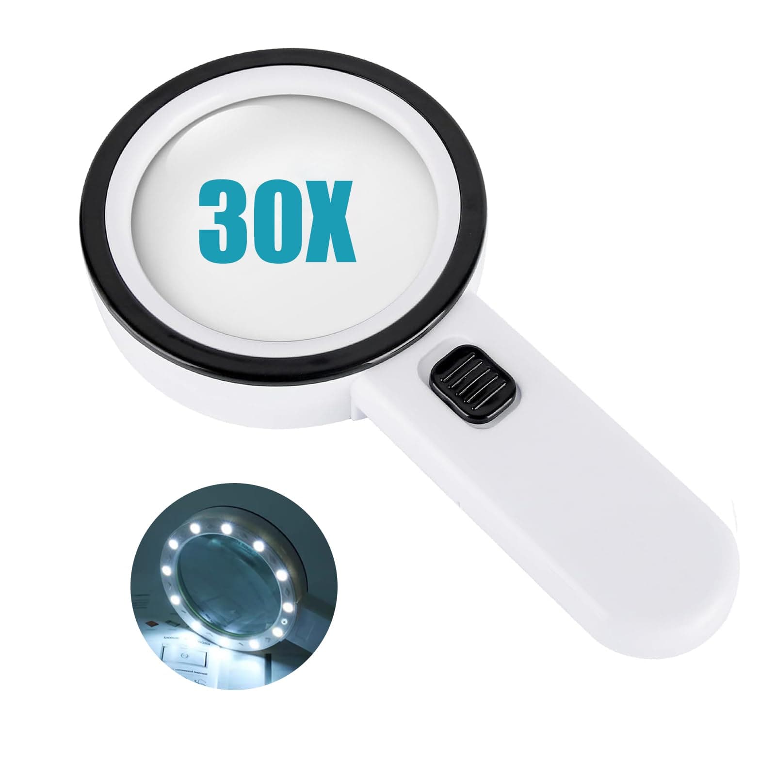 BODLTOOW Large Magnifying Glass with Light - 30X Handheld Magnifying Glasses, 13LED Light, Illuminated Reading Magnifier for Seniors, Lighted Magnifier with UV Inspection