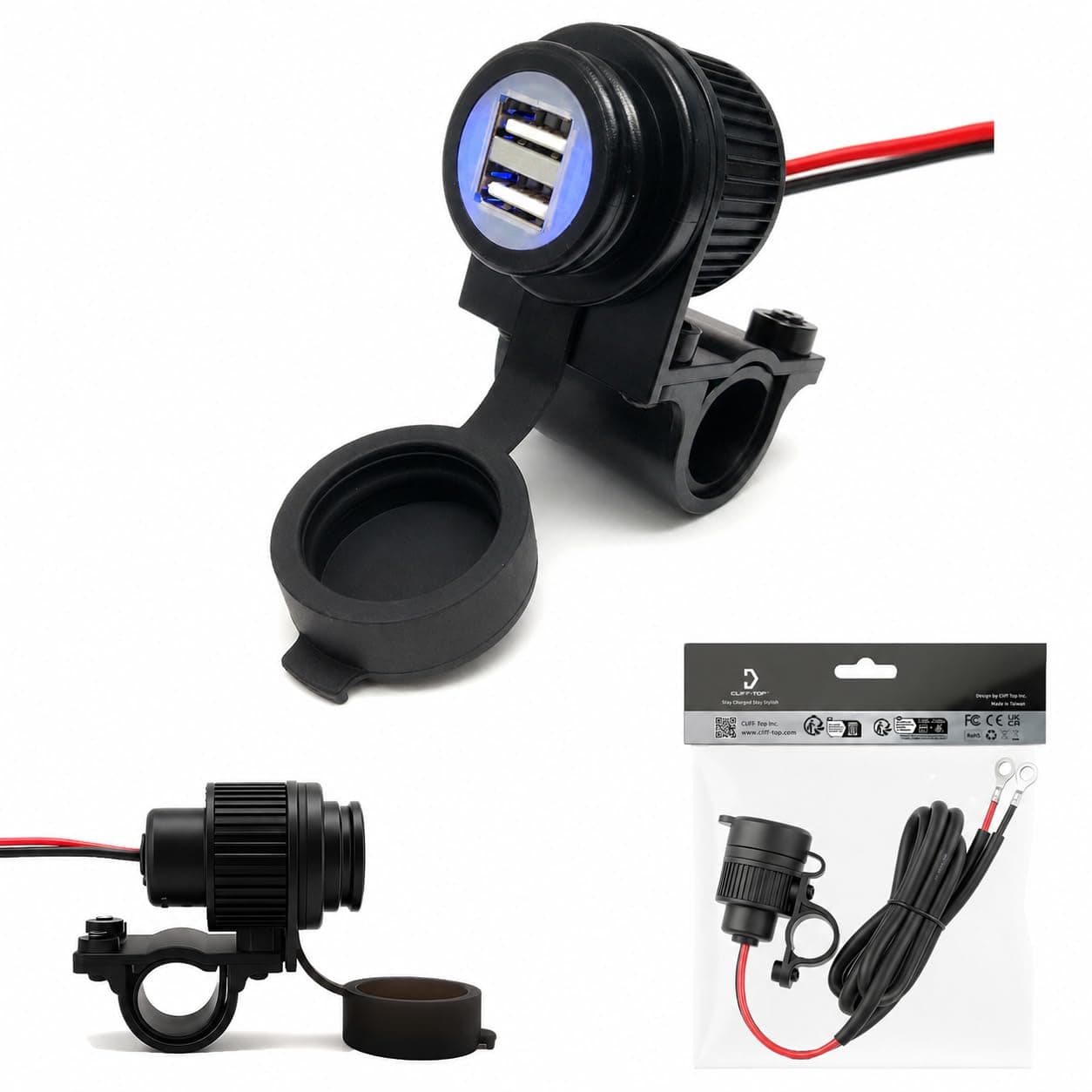 Cliff Top Motorcycle USB Charger 3.3 Amp USB Power Charger for 22mm (0.87") and 25.4 mm (1") Wide Handlebars Compatible with GPS, Sat Nav, Smartphone, etc.