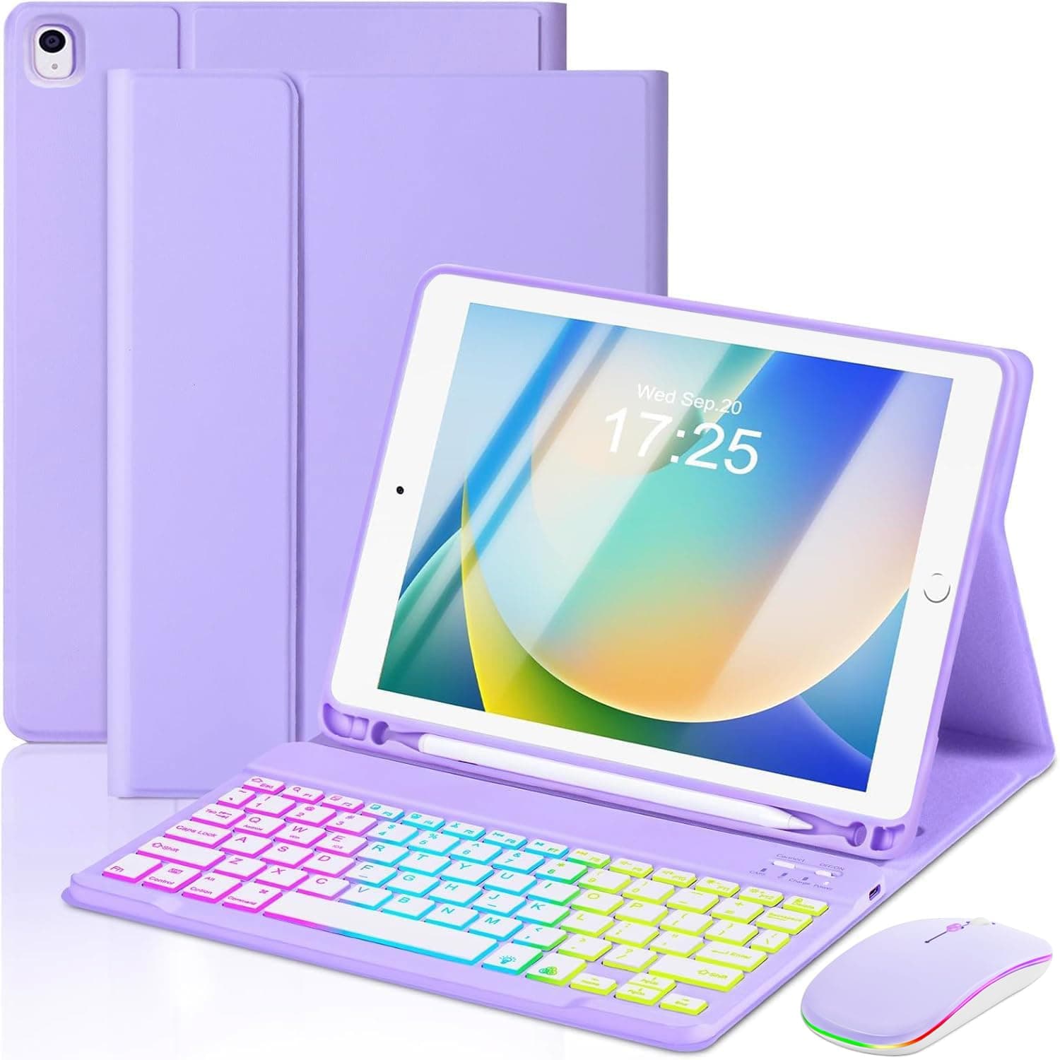 EAMPANG Case with Keyboard Mouse for iPad 9th 8th 7th Generation 10.2 inch,7 Color Rainbow Backlight Detachable USB-C Keyboard Magnetic Case with Pen Slot for iPad Air 3rd Gen/Pro 10.5 Purple