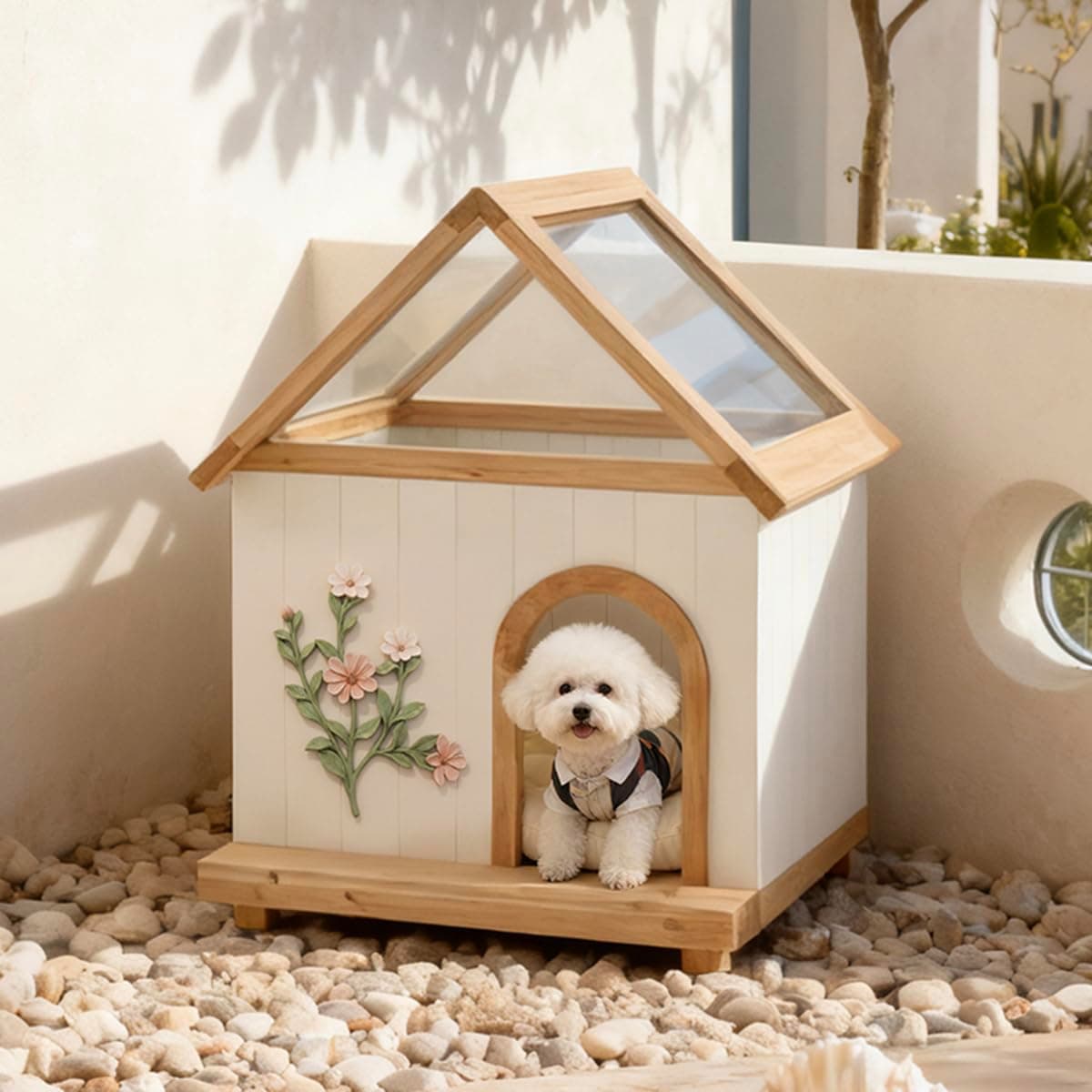 Transparent Roof Pet House with Floral Carving - FSC-Certified Cedar Wood & Indoor Shelter for Cats & Small Dogs, Modern Wooden Dog Cat Condo, 26.8" L x 21.7" W x 31.5" H