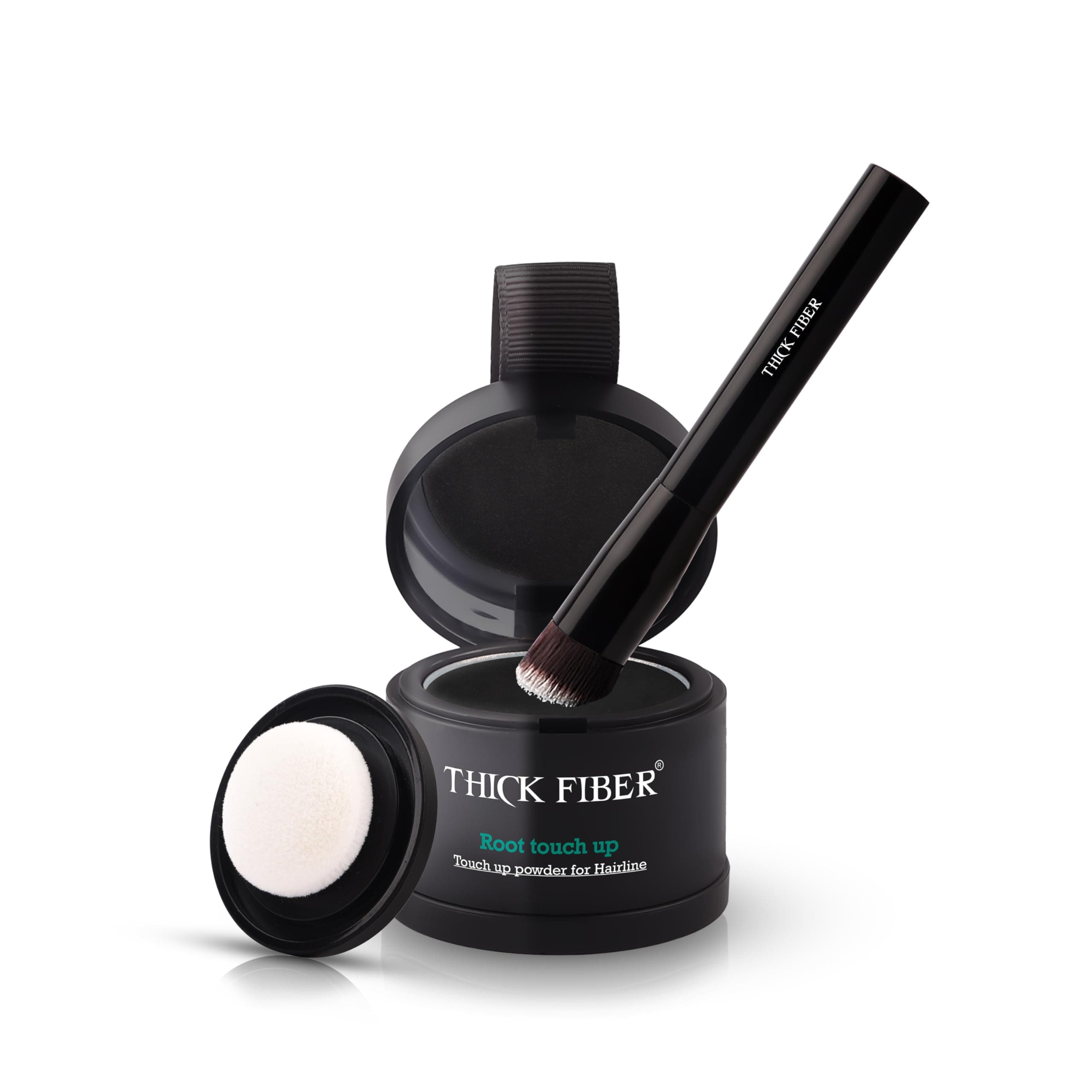 THICK FIBER Root Touch Up & Hairline Powder with Brush 4g – Covers Grey Roots & Thinning Hair – Sweat & Water Resistant – Hair Concealer for Bald Spots & Fill-In (Black) for Women & Men