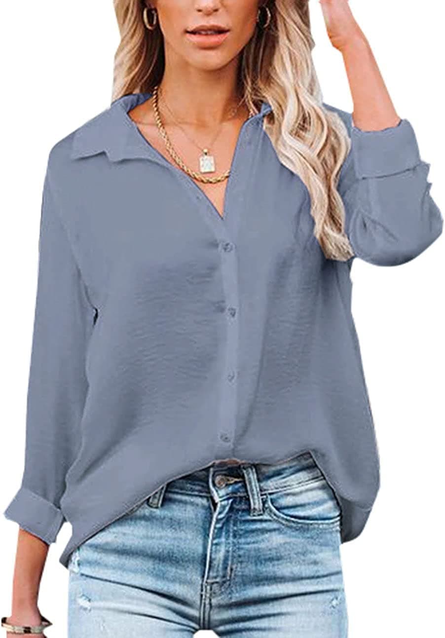 VIGVAN Womens Blouse Casual Long Sleeve Shirt Tops V Neck Button Down Shirts Basic Loose Tunic T Shirts (XL, Grey Blue)