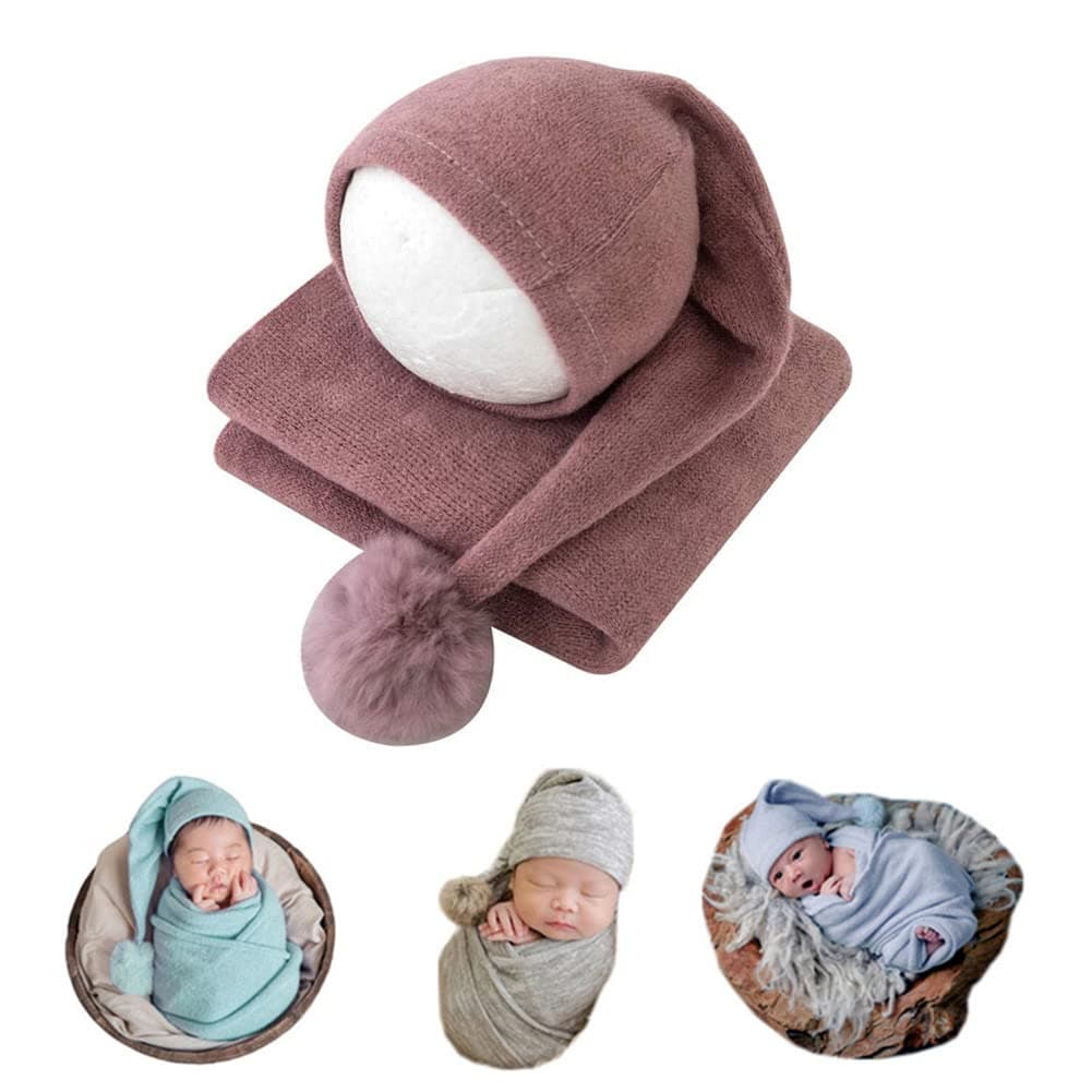 Newborn Photography Props, Monthly Baby Photo Props Boys Girls Hat with Wrap Blanket Outfits Sets (Dark Pink)