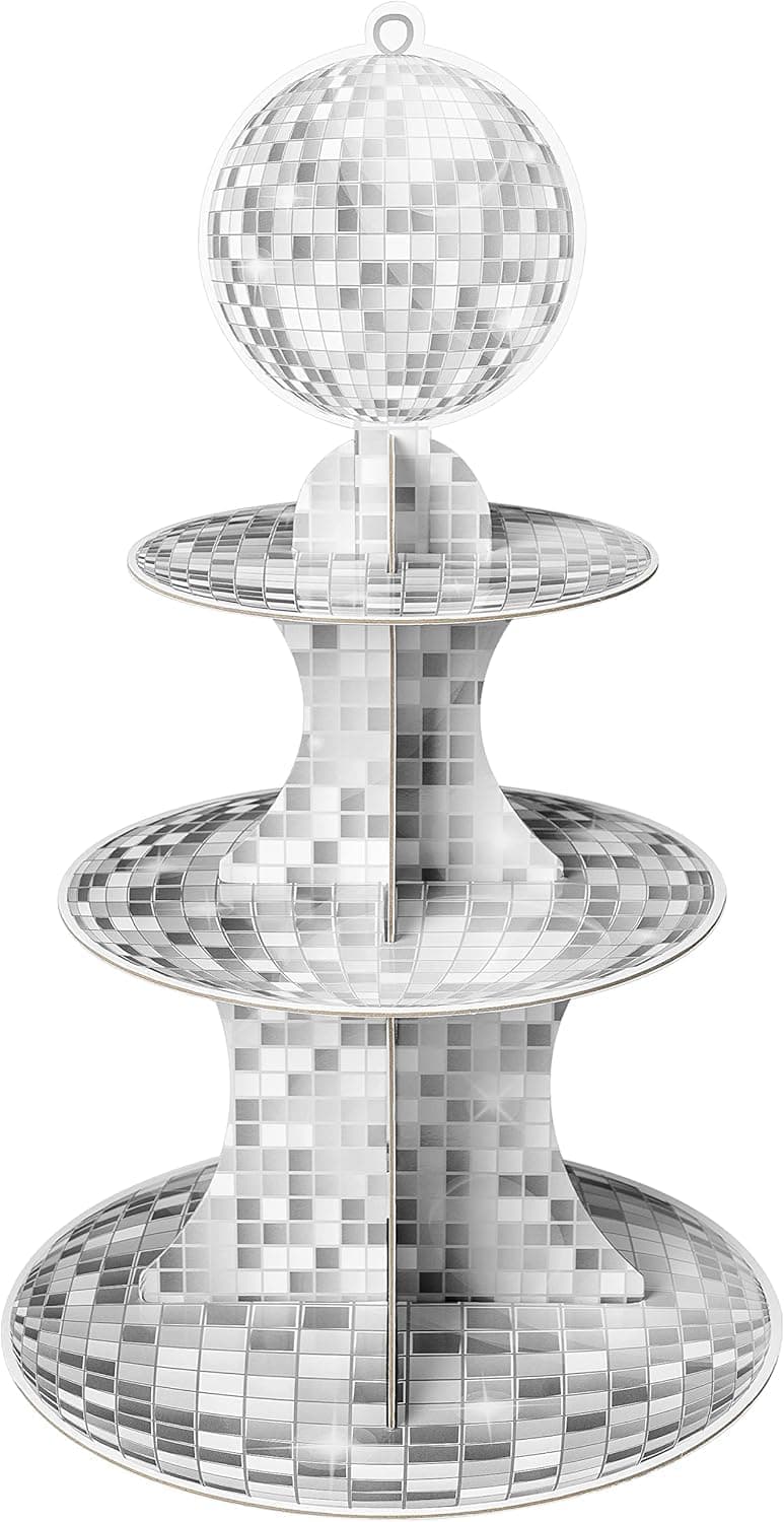 Haooryx Disco Cupcake Stand Decoration - 2Pcs 3-Tier Silver Glitter Disco Ball Cardboard Cupcake Stand Dessert Holder for Kids Girl Birthday Party Decor Baby Shower Bachelorette Party Table Decoration