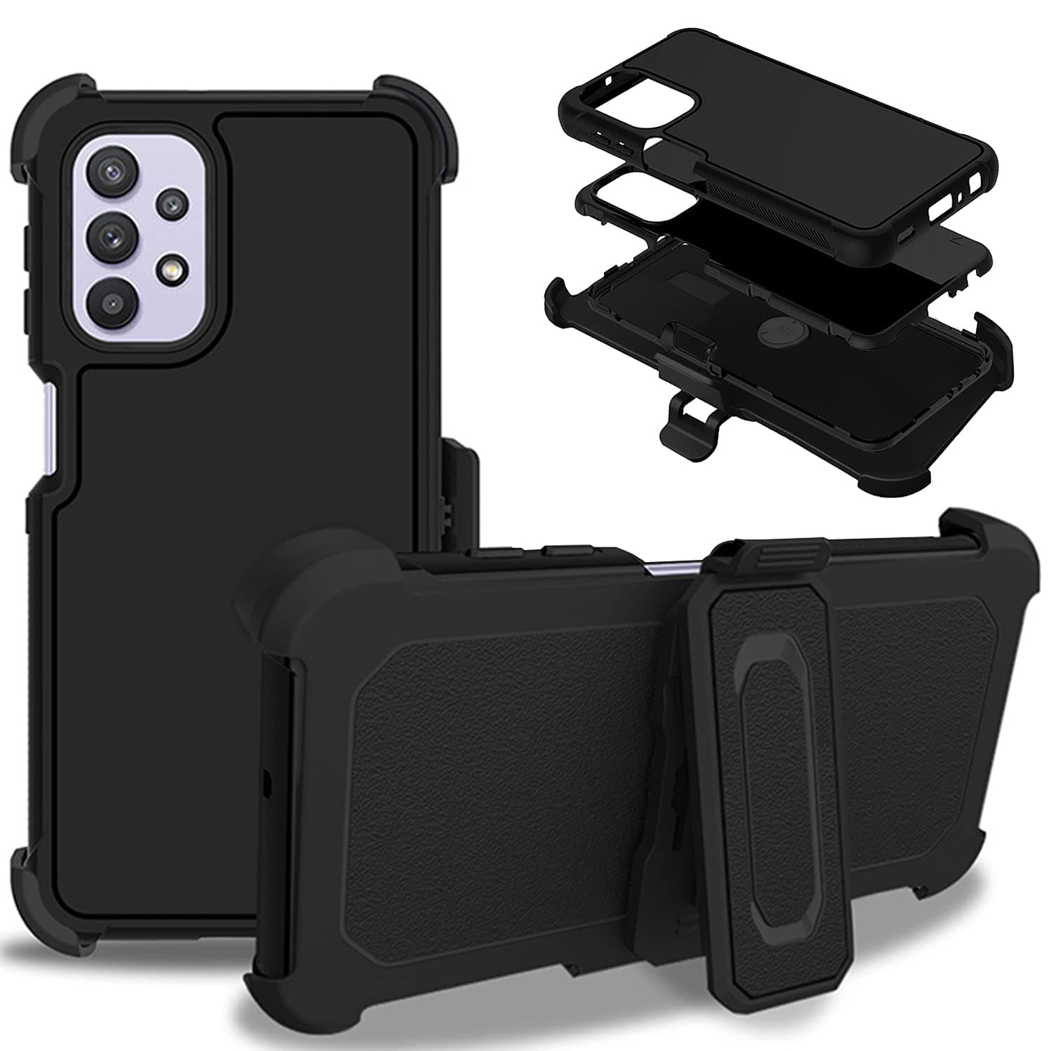 DuraSafe Cases for Samsung Galaxy A32 2021 6.5 Inch Bumper Case with AirCushion Corners & 360° Rotatable Belt Clip - Black(with Holster)