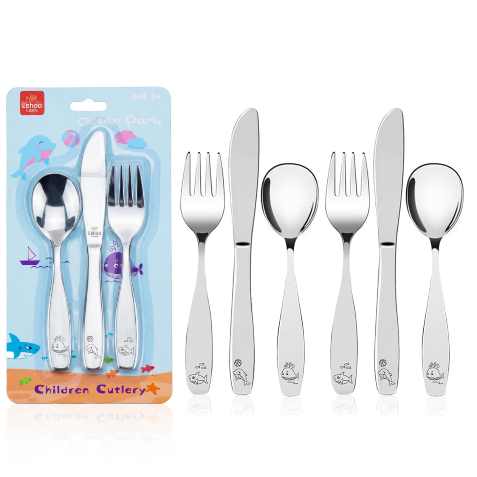 Lehoo Castle Toddler Utensils, 6 Pcs Kids Cutlery Set Stainless Steel Includes 2 x Forks/Spoons/Knives, Kids Knife and Fork Sets (Ocean Park)