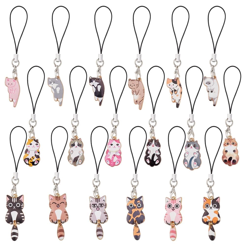 HOBBIESAY 18Pcs Kawaii Cat Phone Strap Charms 8.8-10.2cm Mobile Pendants for Backpack Wallet Keychain Decoration