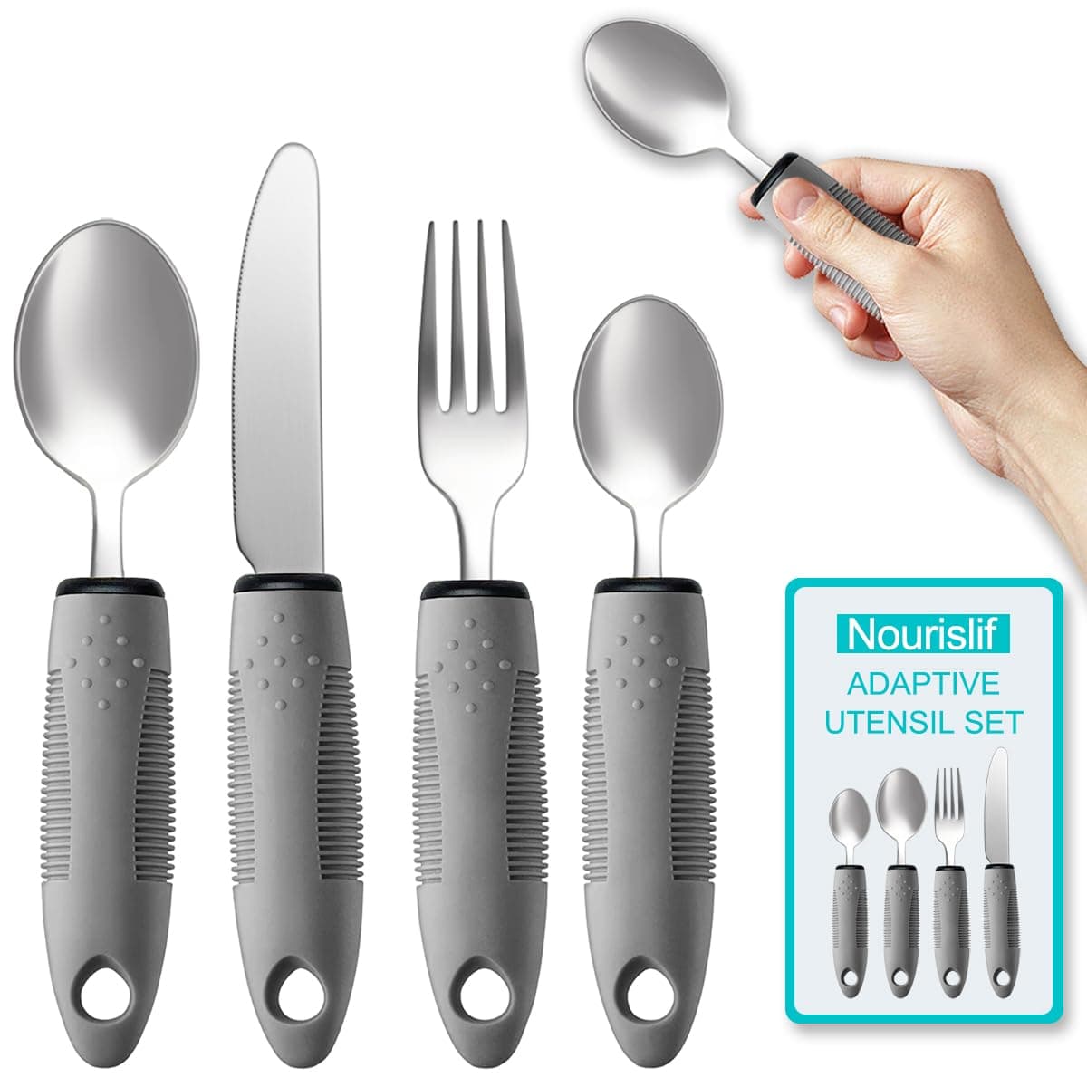 Nourislif Adaptive Utensils 4pcs For Hand Tremors,Elderly, Arthritis,Parkinsons-Built Up Utensils For Adults–Easy Grip Aids handle–2.5oz Each Weighted Silverware For Hand Tremors