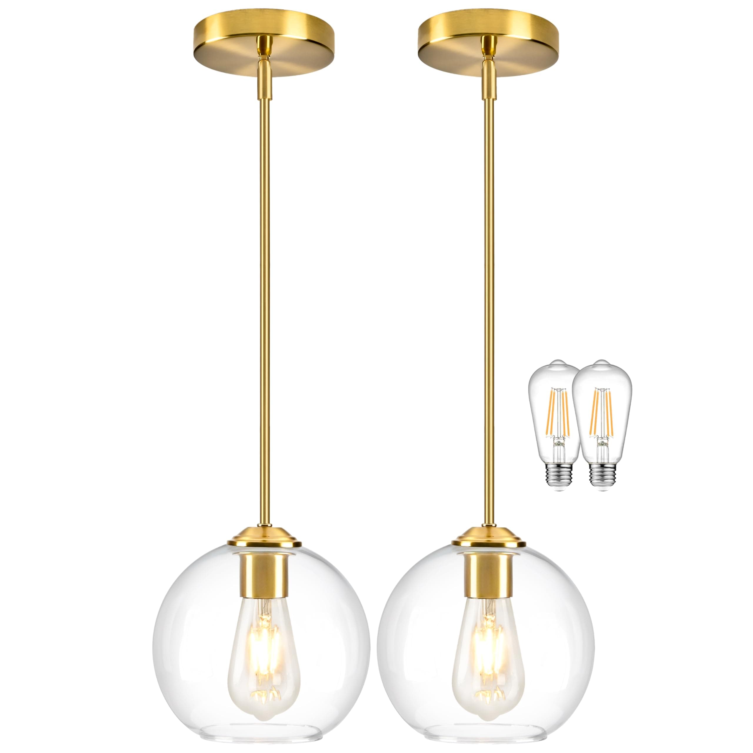 YSHomeStunn 7 Inch Brushed Gold 2-Pack Modern Pendant Lights Kitchen Island Mid Century Modern Pendant Light Fixtures with Clear Glass Globe Modern Hanging Pendant Light for Bathroom(Bulb Incl.)