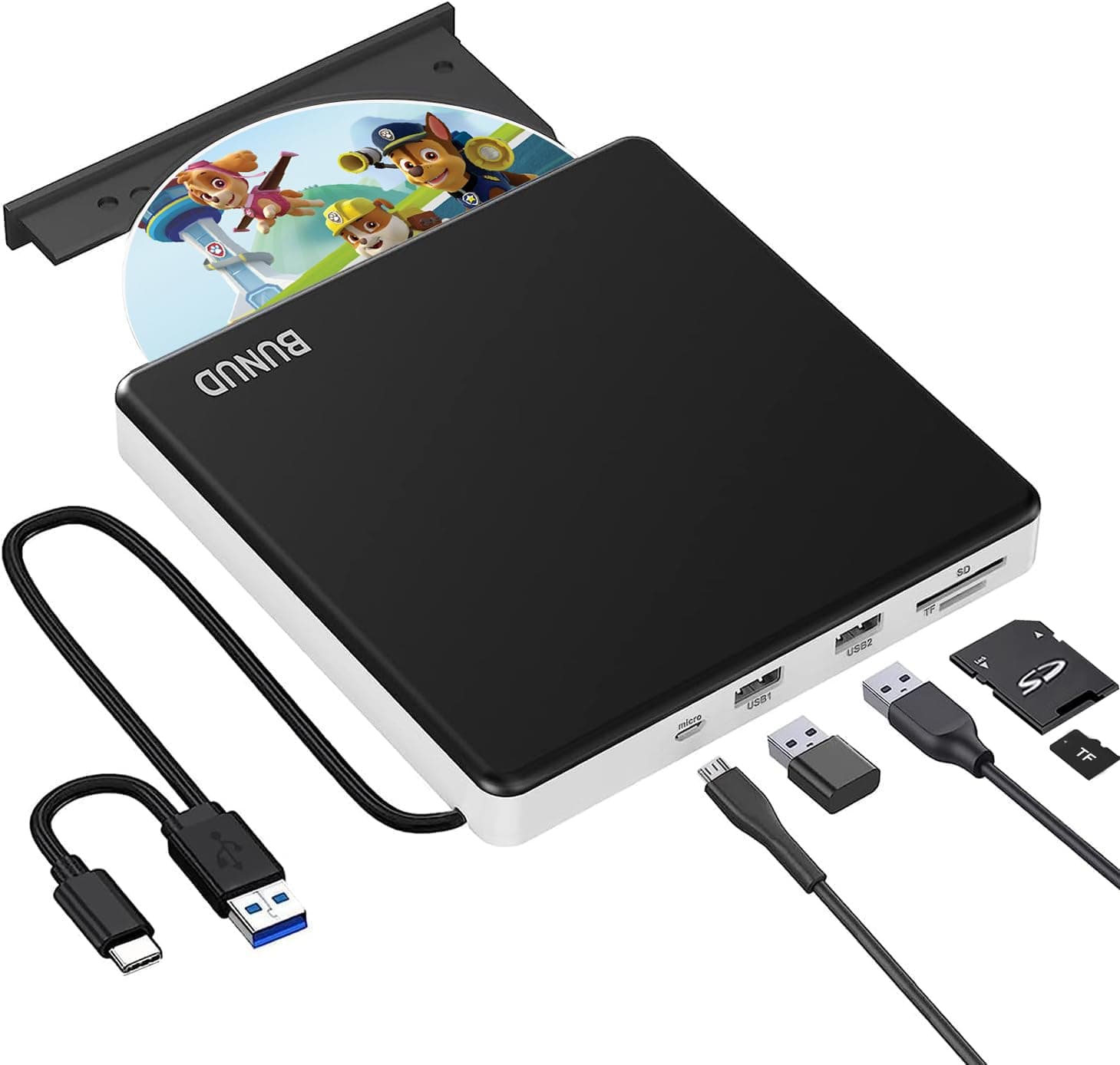 BUNUD External CD/DVD Drive for Laptop: USB 3.0 Type-C CD Burner Portable CD +/-RW Drive with 2 USB Ports & SD/TF Slot - Aluminum Alloy Portable External DVD Player Reader for Mac Windows 11