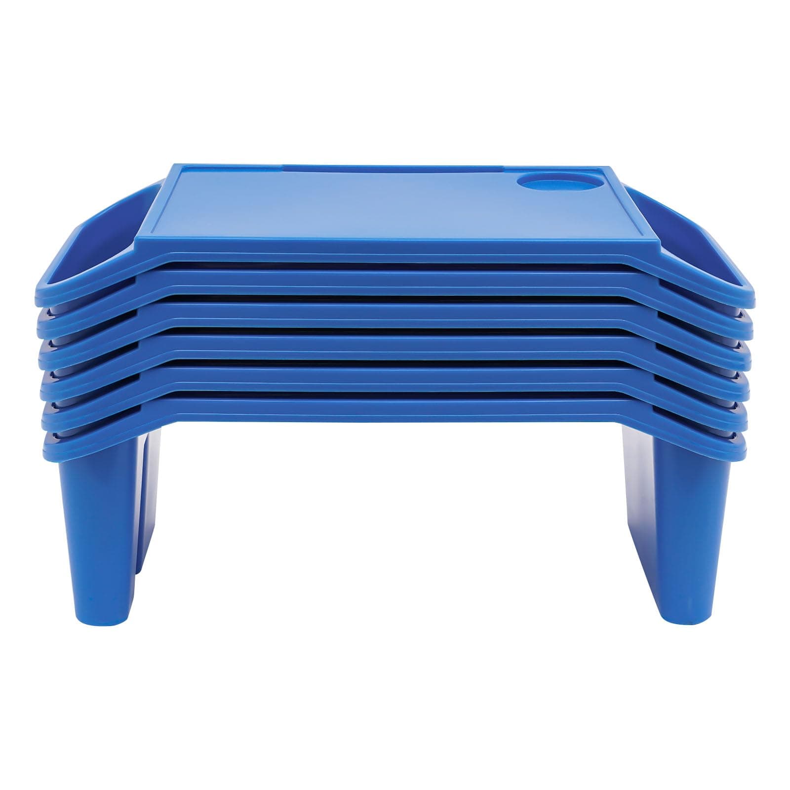 6Pcs Lap Desk Tray for Eating Plastic Activity Table Portable Snack Lap Bed Table Breakfast Lap Trays with Side Pockets & Slot Stackable Lap Desk Tray for Classroom, Blue