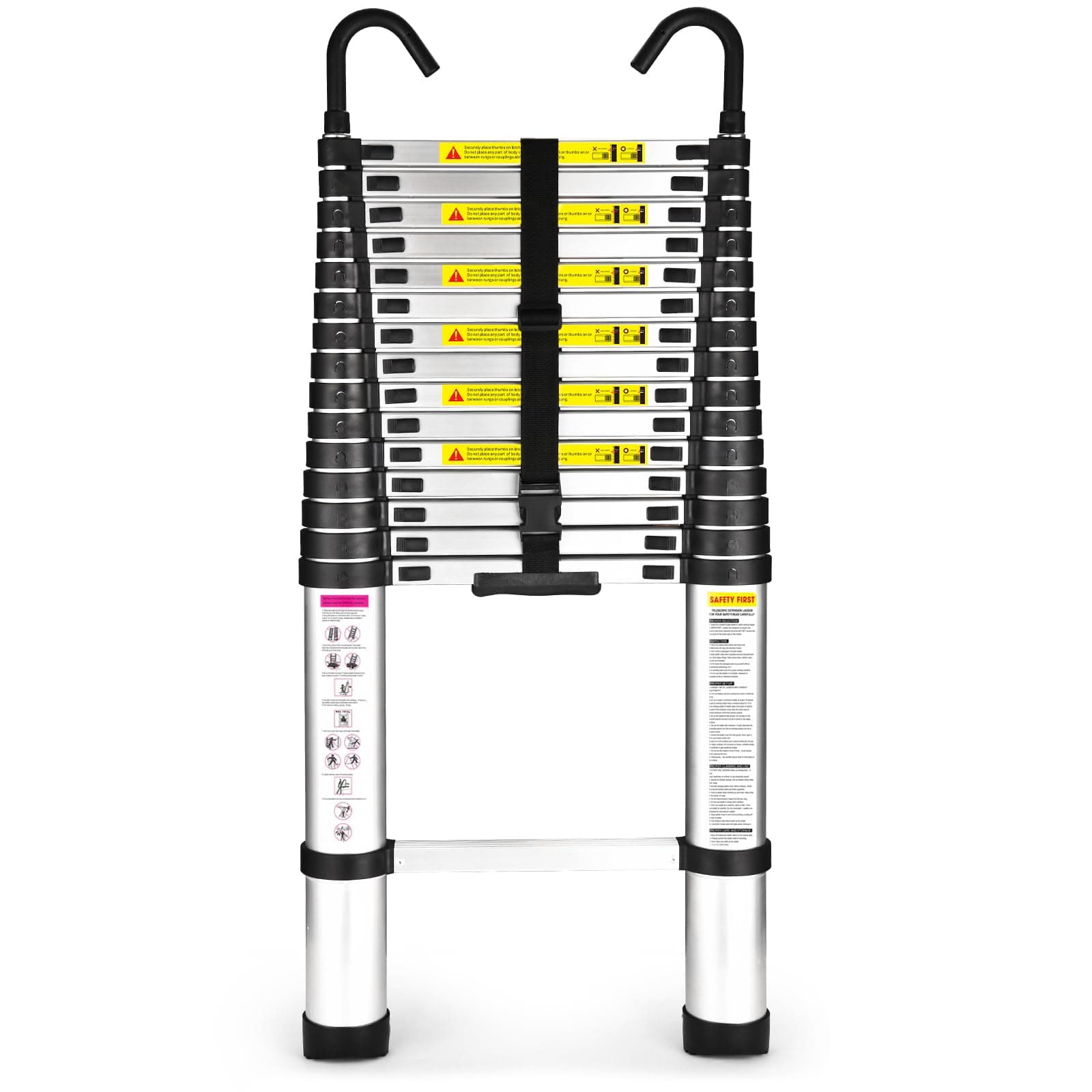 Soctone Telescoping Ladder, 15.5 FT Extension Ladder with 2 Detachable Hooks, Aluminum Lightweight Collapsible Ladder for RV, Household and Outdoor Working Max Load Capacity 330 lbs(150kg)