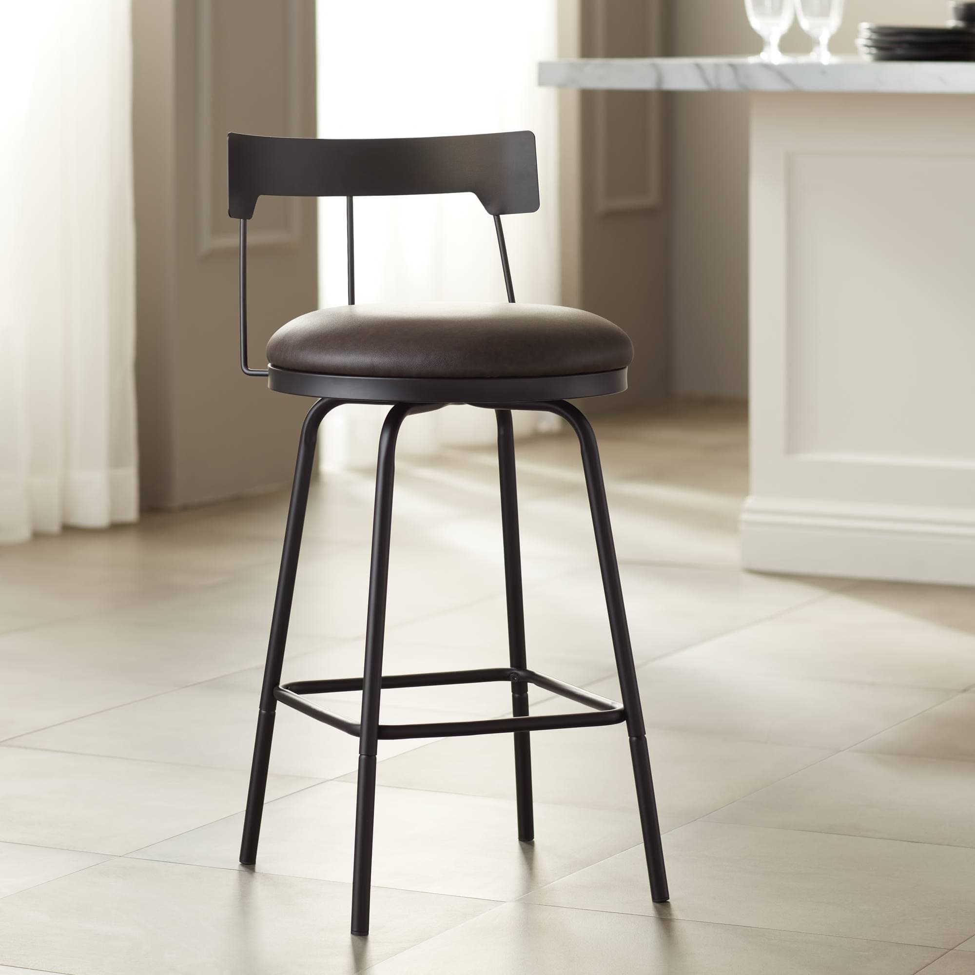 Elm Lane Maxwell Metal Swivel Bar Stool Matte Black 26" High Rustic Western Brown Leather Upholstered Cushion with Low Backrest Footrest for Kitchen Counter Height Island Home Shed House