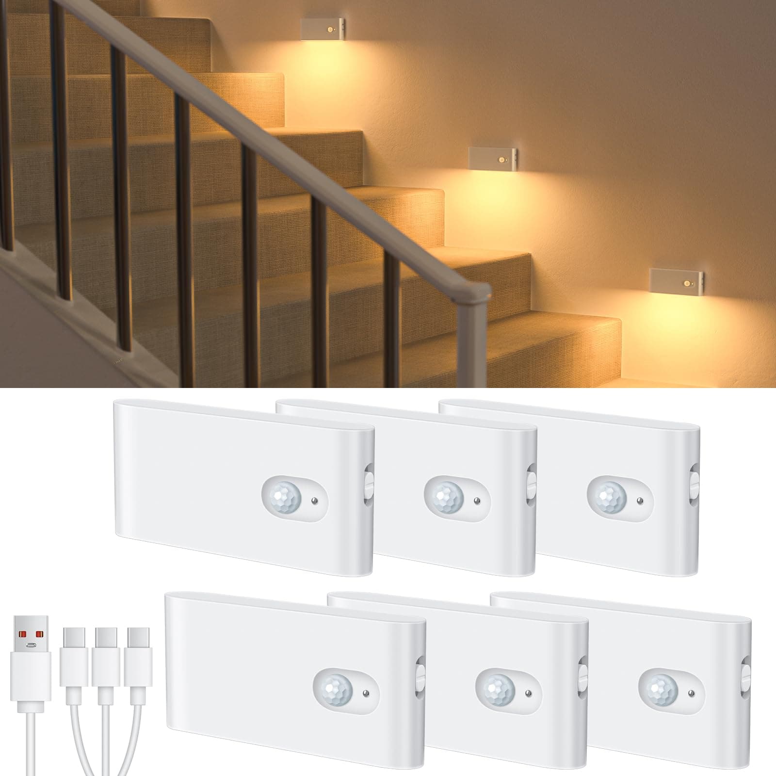 WILLED Rechargeable Night Light, Wireless Stair Lights Indoor, Warm White Motion Sensor Light Indoor, Stick-Anywhere, Led Night Light for Bathroom, Hallway, Bedroom, Closet, Kitchen (6 Pack)