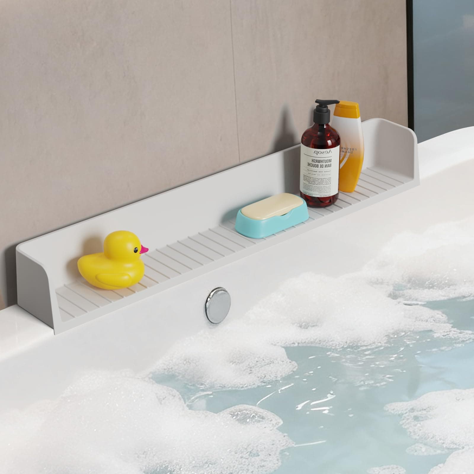 FREEUP Splash Guard for Bathtub Kids, 31.5 Inch Silicone Bathtub Splash Guard for Tub with 11 Strong Suction Cups, to Keep Water in Tub and Bath Toy Storage, Fold, Fun Bath Time for Toddlers Baby