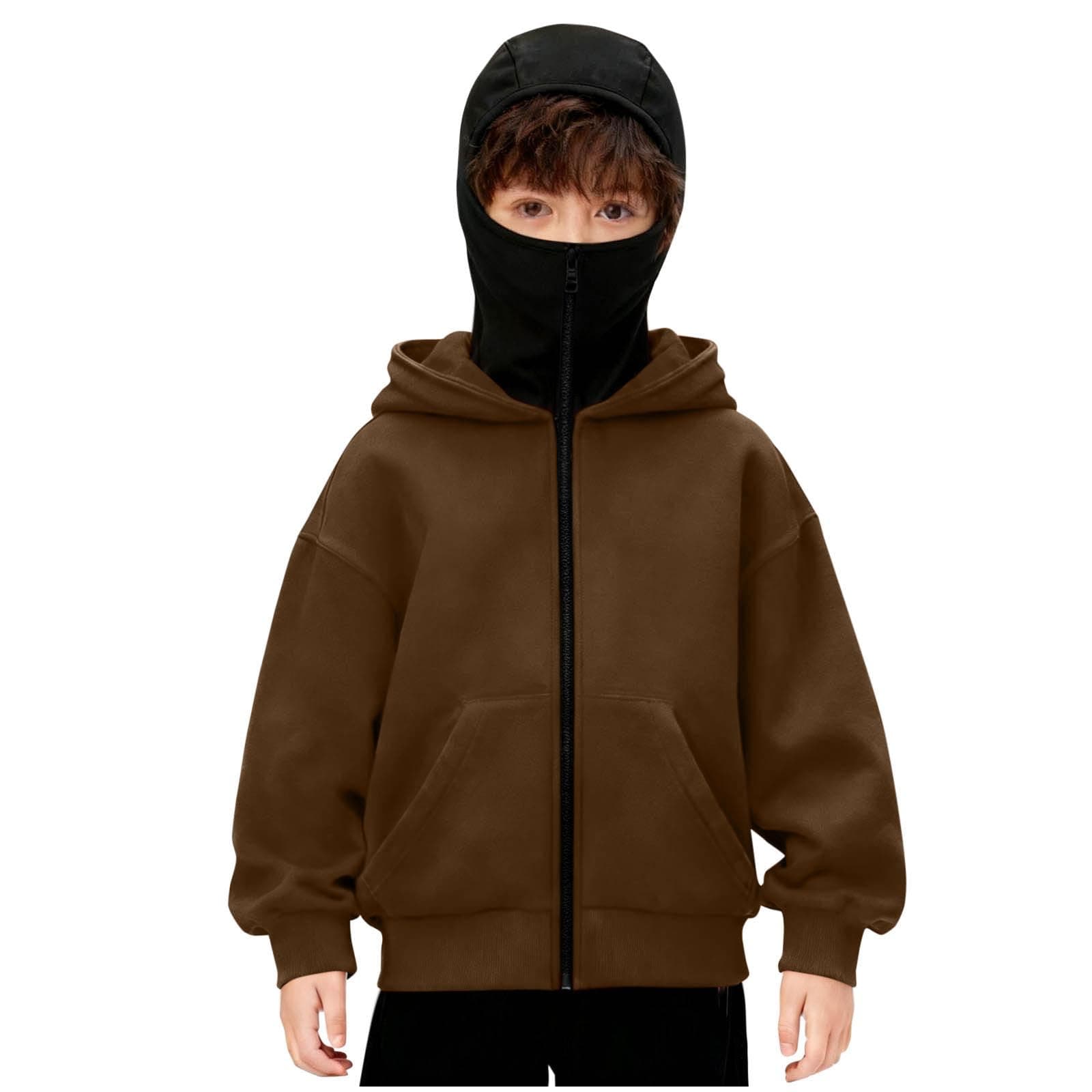 Flodxo Unisex Kids Balaclava Hoodie Boys Girls Zip Up Hoodies with Face Mask Lightweight Full Zip Jackets Long Sleeve Novelty Athletic Sweatshirts Windproof Casual Winter Warm Jumper Brown 14-15Y