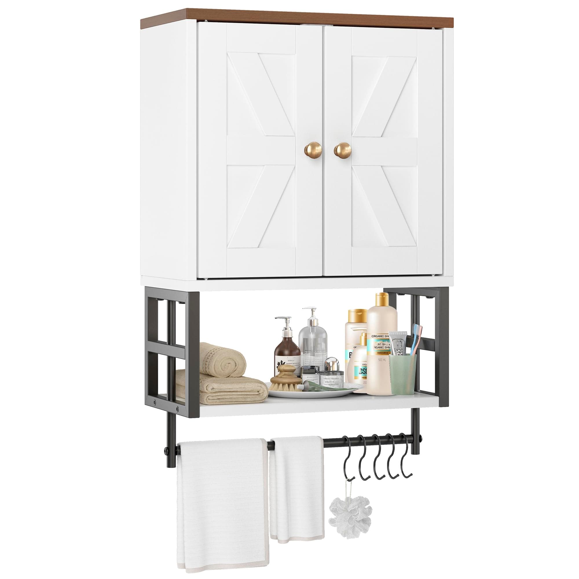 Bathroom Wall Cabinet, Farmhouse Medicine Storage with Towel Bar, White