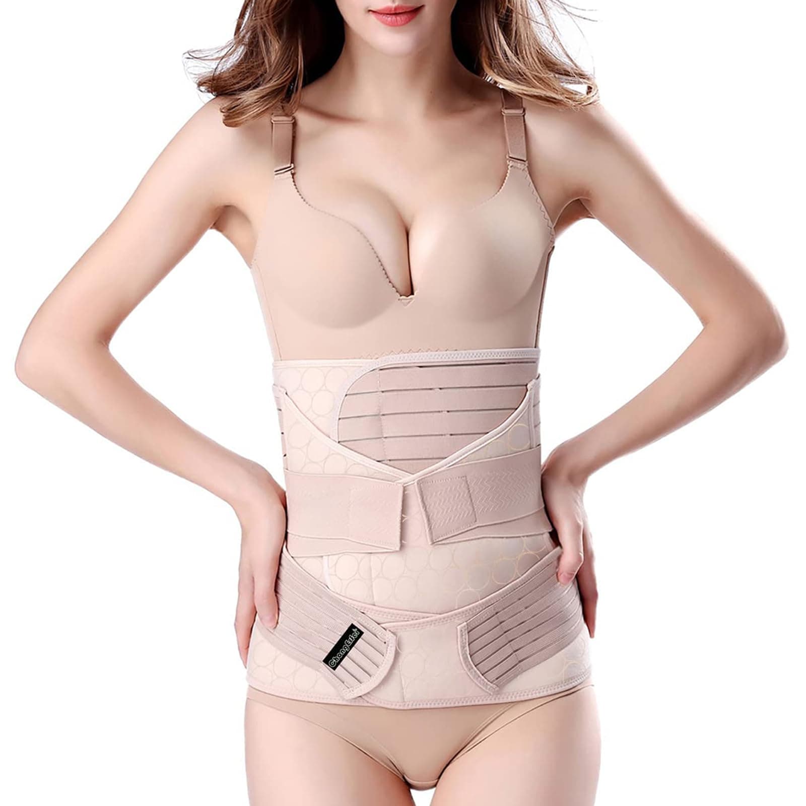ChongErfei 3 in 1 Postpartum Belly Wrap - Belly/Waist/Pelvis Belt Black Postpartum Belly Band Waist Cincher(L, Beige)