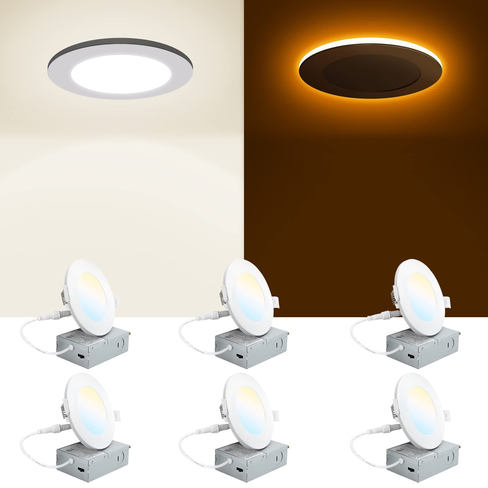 INCARLED 4Inch 5CCT 6Pack 9W LED Recessed Slim Pot Lights with Night Light