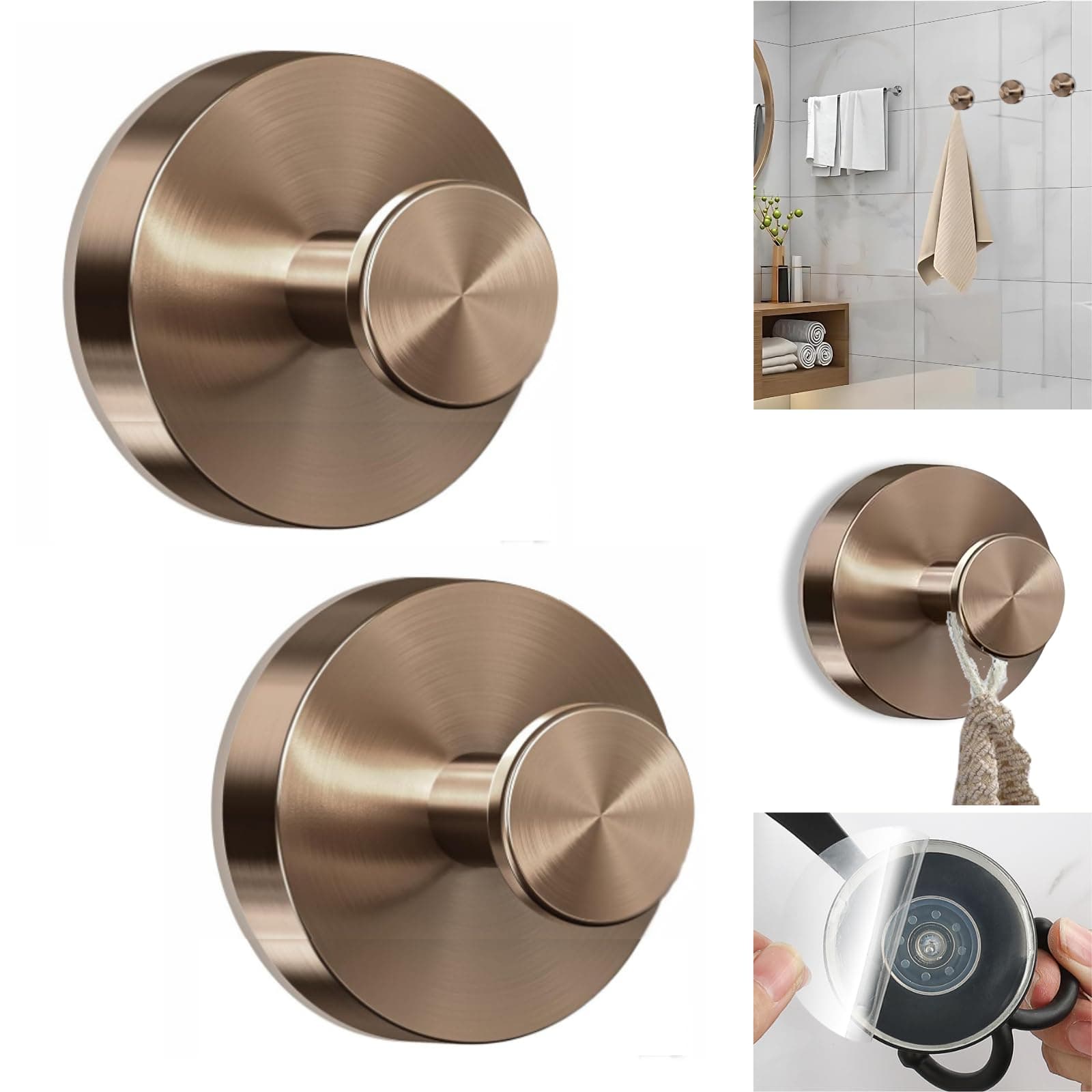 Boxonly No-Drill Suction Hooks, Stainless Steel Waterproof Hooks for Bathroom,Shower,Kitchen,and Mirrors–Heavy Duty Towel Holders(Multipack, Rose Gold)