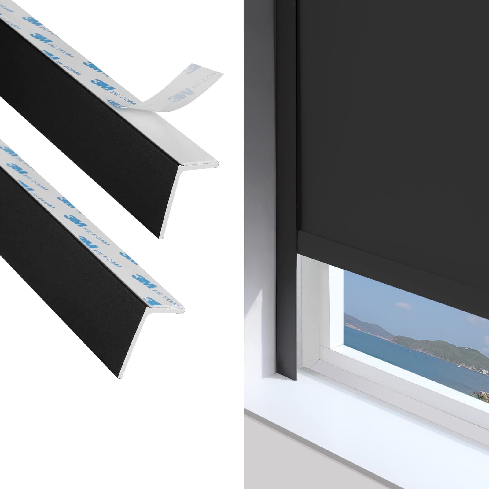 ZSTARR PVC Light Blockers Blackout Light Blockers Side Tracks for Window Shades and Blinds Side Tracks for Blackout Shades Easy to Instal Light Blocking Strips for Bedroom (Black,58",2Pcs)