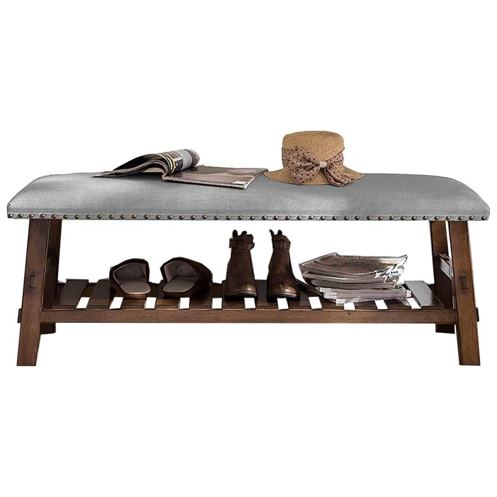 Solid Wood Shoe Bench, 2-Tier Wooden Storage Entryway Bench, Mid-Century Modern Shoe Bench Rack, End of Bed Bench with Cushion, for Hallway, Living Room,Grey-23.6" x11.8x14.9