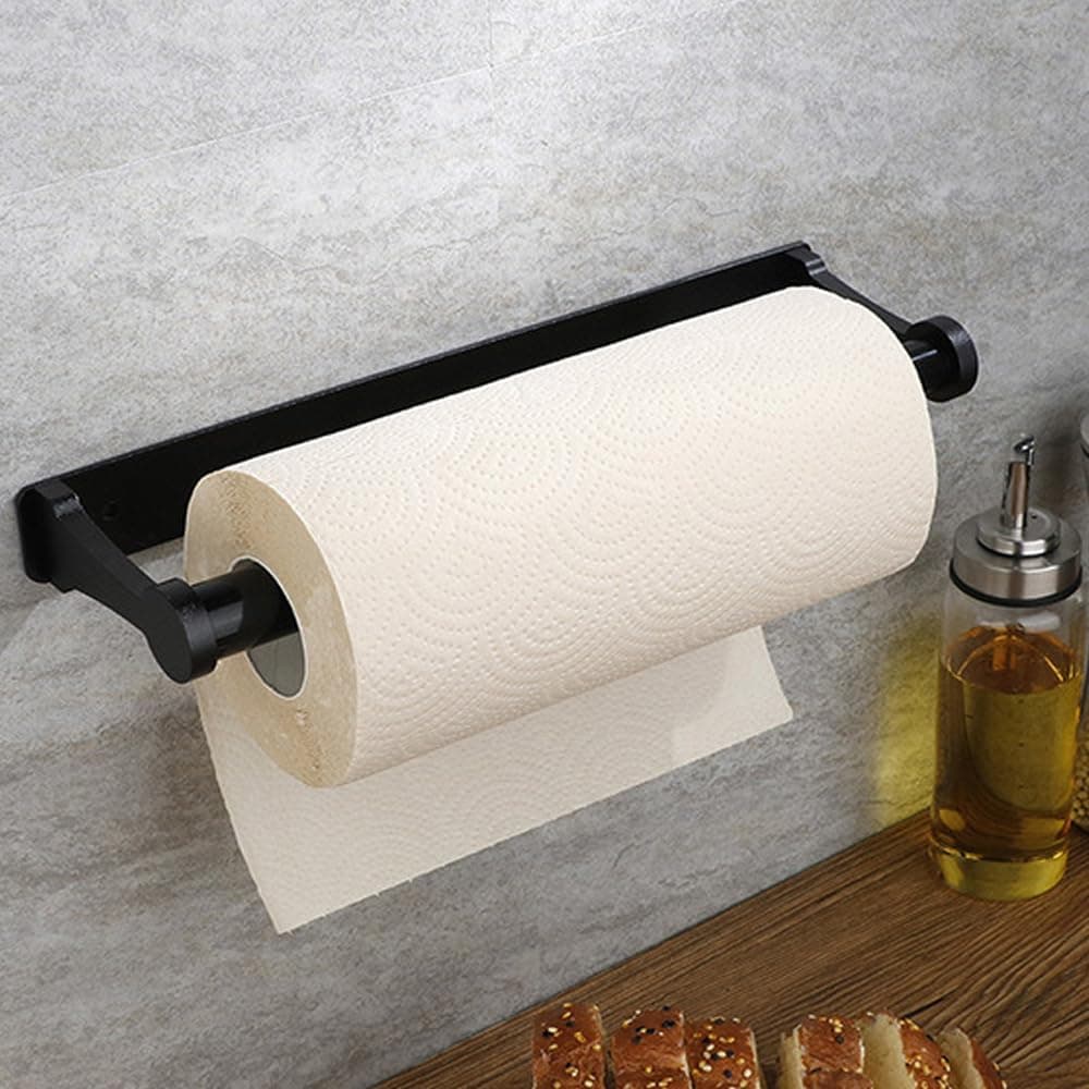 Paper Towel Holder - Self-Adhesive or Drilling, Black, Wall Mounted, Kitchen Roll Dispenser Under Cabinet or Inside Cabinet