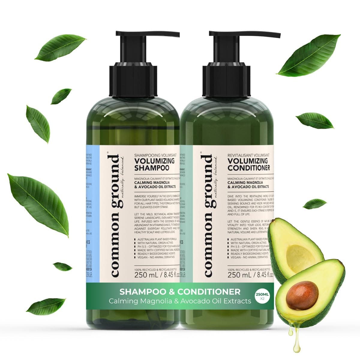 Common Ground Volumizing Natural Shampoo and Conditioner Set, Paraben and Cruelty Free, Vegan, Plant-Based, Botanical Magnolia Scent and Avocado Oil Extract, for Men, Women (2 x 8.4 fl oz)