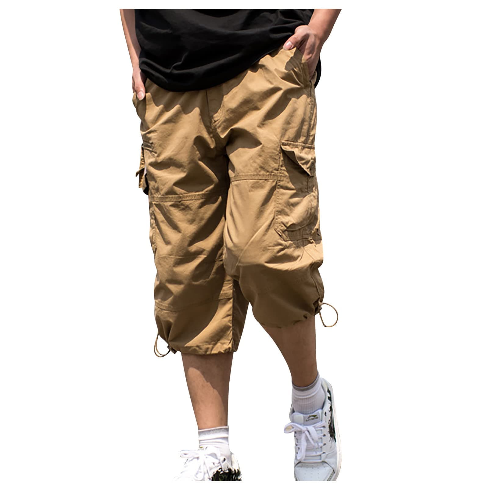 Ymosrh Short Pants for Men, Cargo Shorts Men Mens Khaki Shorts with Pockets Fashion Men's Casual Mid Waist Solid Color Outdoor Shorts Pants Below The Knee Big Tall and Stretch (4XL, Khaki)