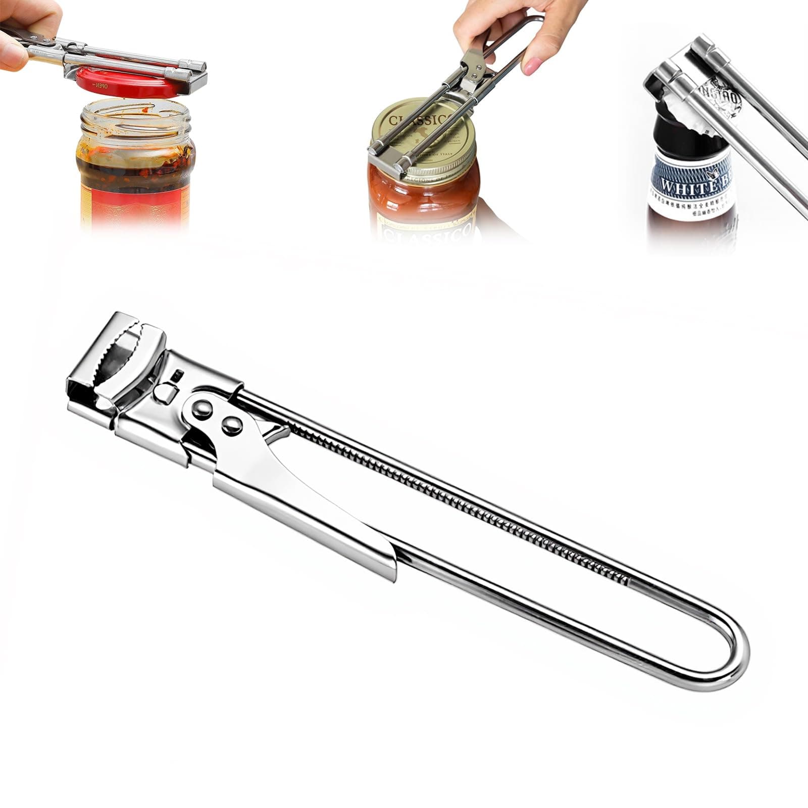 Adjustable Jar Opener - Effortless Grip for Tight Lids, Stainless Steel Can & Bottle Lid Remover Tool for Weak Hands, Easy Use Kitchen & Camping Gadget