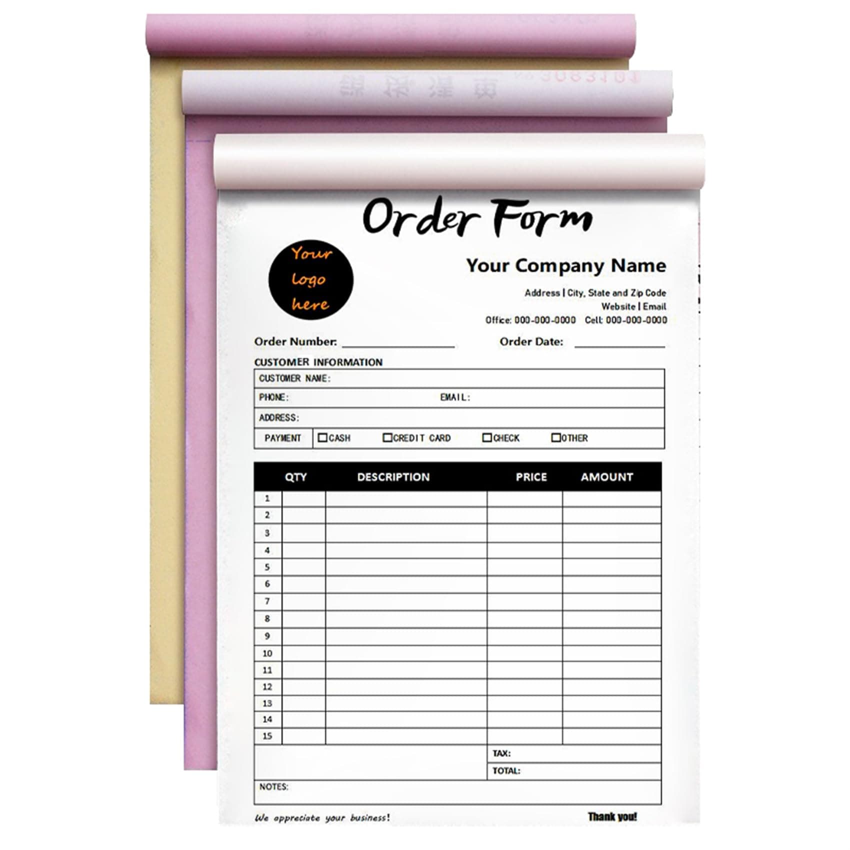 Custom Invoice Book in 3-Part /2-Part Receipt Book with Carbon Copies Personalized Carbonless Service Invoice Form Books Sales Order Book with Company Name Logo Address,B-Order Form Book with Logo