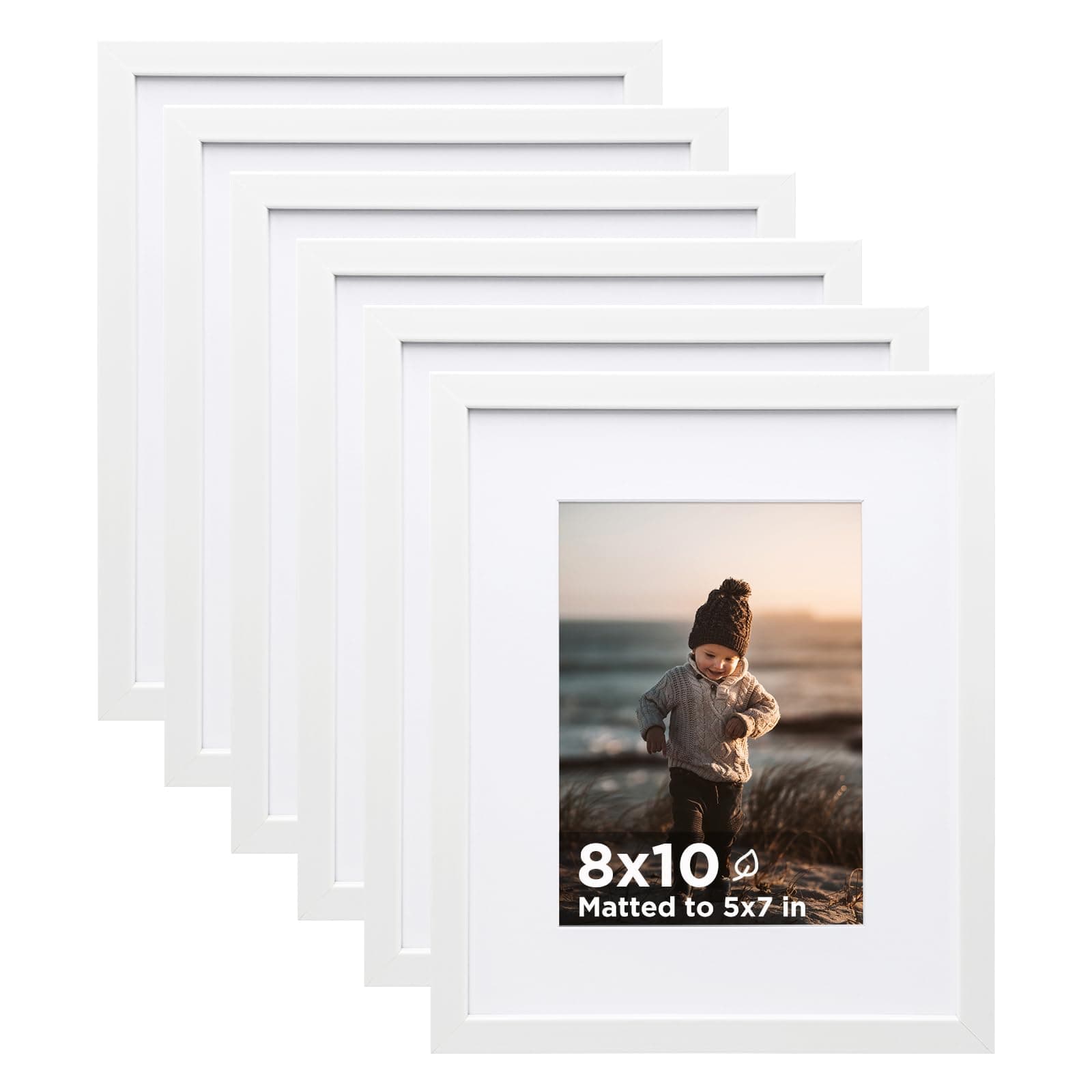 KINLINK 8x10 Picture Frames White, Photo Frames with Real Glass for Picture 5x7 with Mat or 8x10 without Mat, Composite Wood Picture Frames for Table Top and Wall Mounting, Set of 6