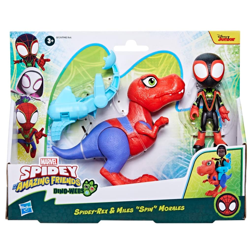 Marvel Spidey and His Amazing Friends Dino-Webs Spidey-Rex & Miles “Spin” Morales 4-inch-Scale (10cm) Spider-Man Action Figure Set, Toys for Kids
