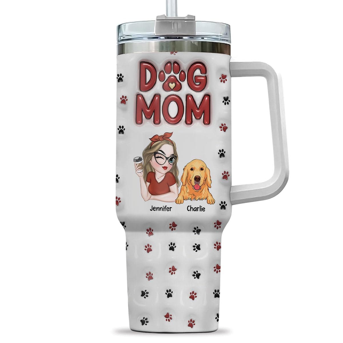 Wrappiness Tumbler A Girl And Her Dog - Personalized 3D Inflated Effect 40Oz Tumbler with Handle, Gifts for Dog Mom Women on Mothers Day Valentines Day Birthday Fur Mama Travel Cup (T04, 1 Dog)