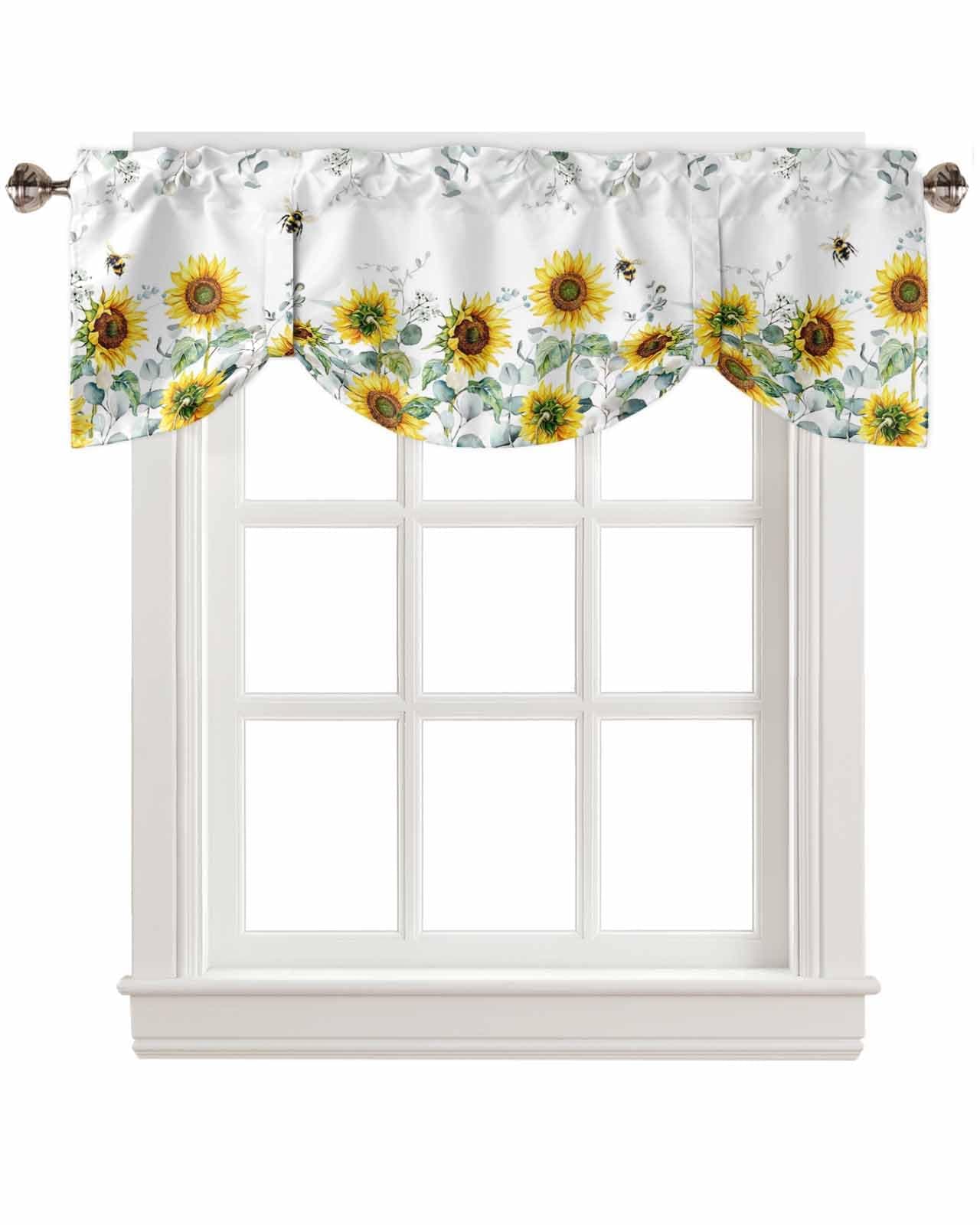 Hostline Tie Up Curtain Valance for Windows Pastoral Style Yellow Sunflower Tie-up Kitchen Valances Adjustable Short Curtains Topper for Living Room/Bedroom,60"x18"