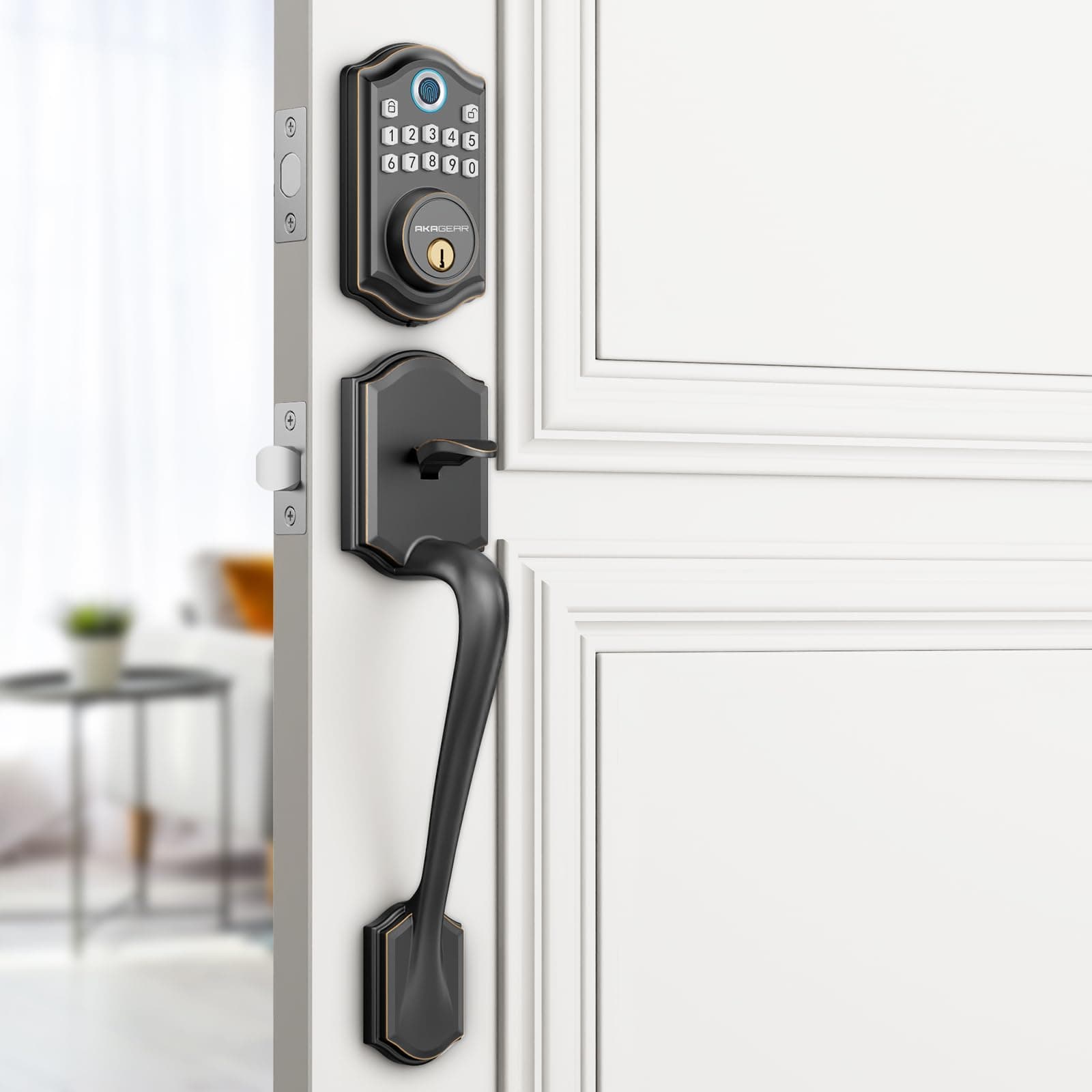 AkaGear DS10 Keyless Entry Door Locks - Keypad Lock with Handle Set, Fingerprint Deadbolt, Smart Locks for Front Doors, Auto-Lock & One Touch Locking, 2 Keys, Easy Installation