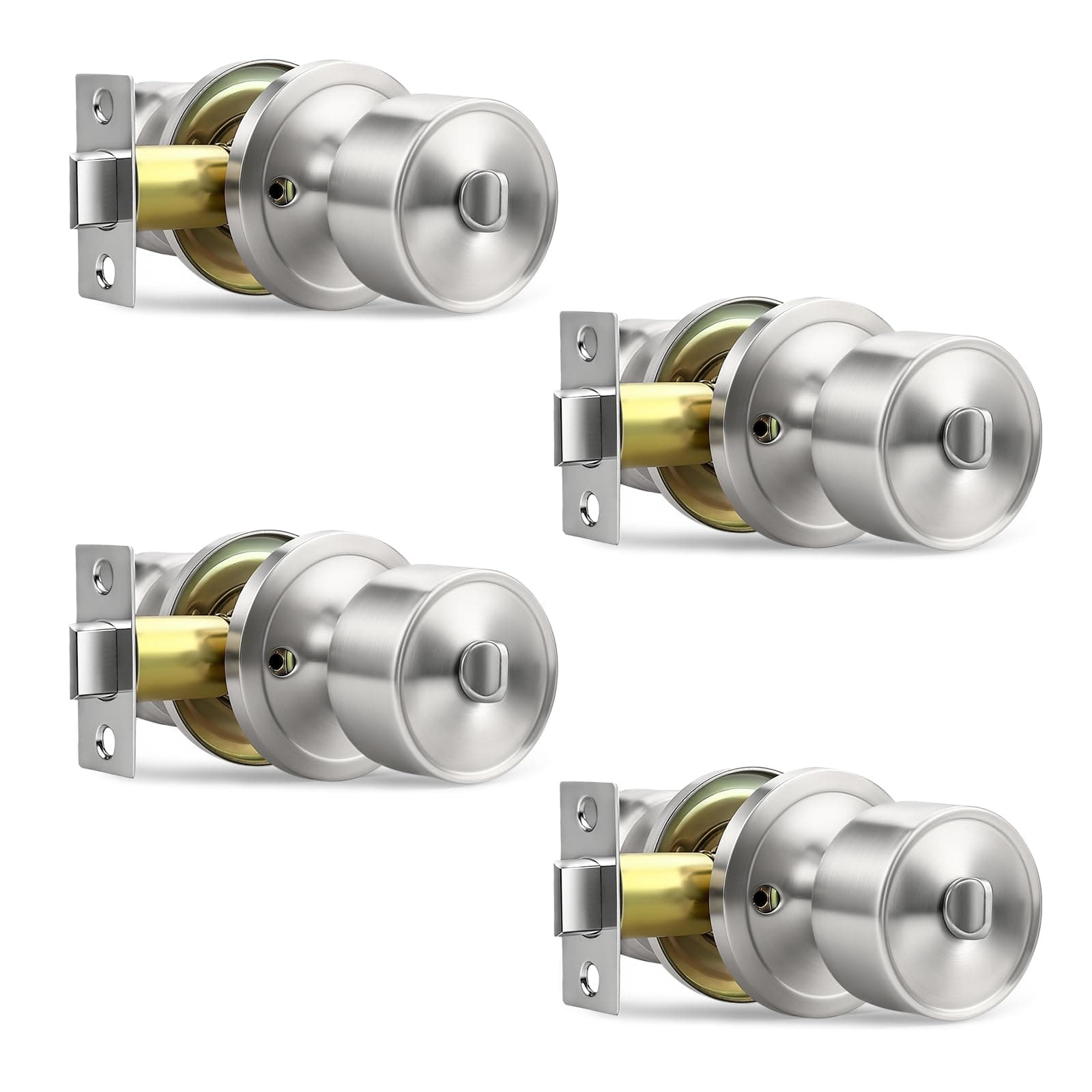 Lepushom Privacy Door Knob with Lock Keyless Interior 4 Pack Round,Door Knob Bedroom,for Bathroom and Shower Quiet Satin Nickel Sliver