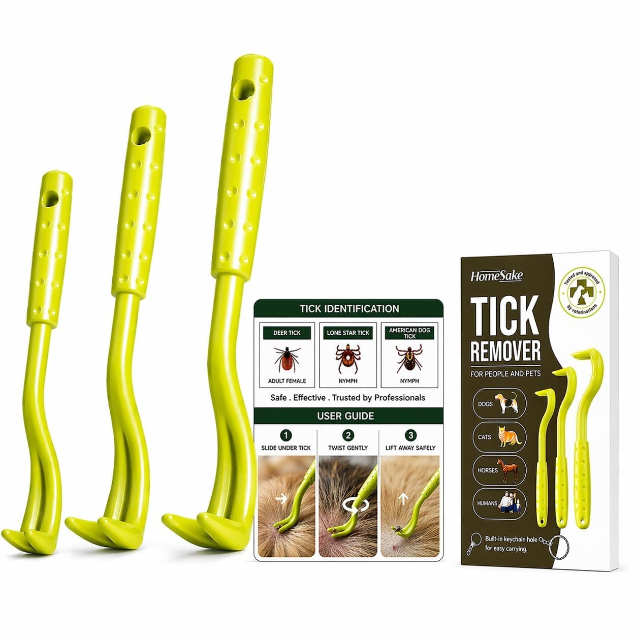 HomeSake Tick Remover Tool for Dogs, Cats & Humans, 3 Packs Tick Removal Kit + Identification Card & Keychain Hole, Safely Removes Entire Tick Head & Body, Easy Portable Tool for Pets & First Aid Kits