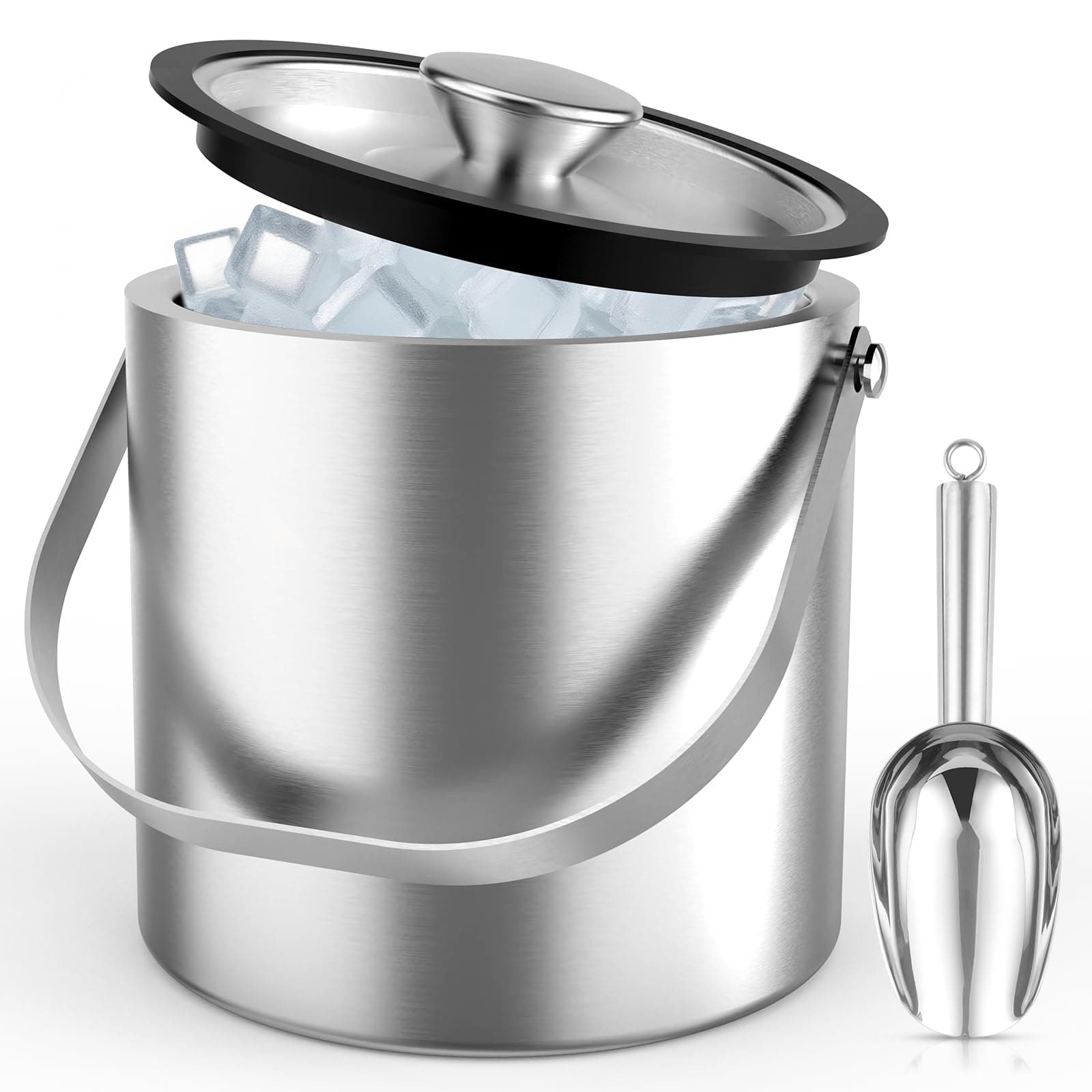 3L Stainless Steel Ice Bucket, Double Wall Insulated Ice Bucket with Lid, Drain Plate, Scoop, Tong for Parties Cocktail Bar