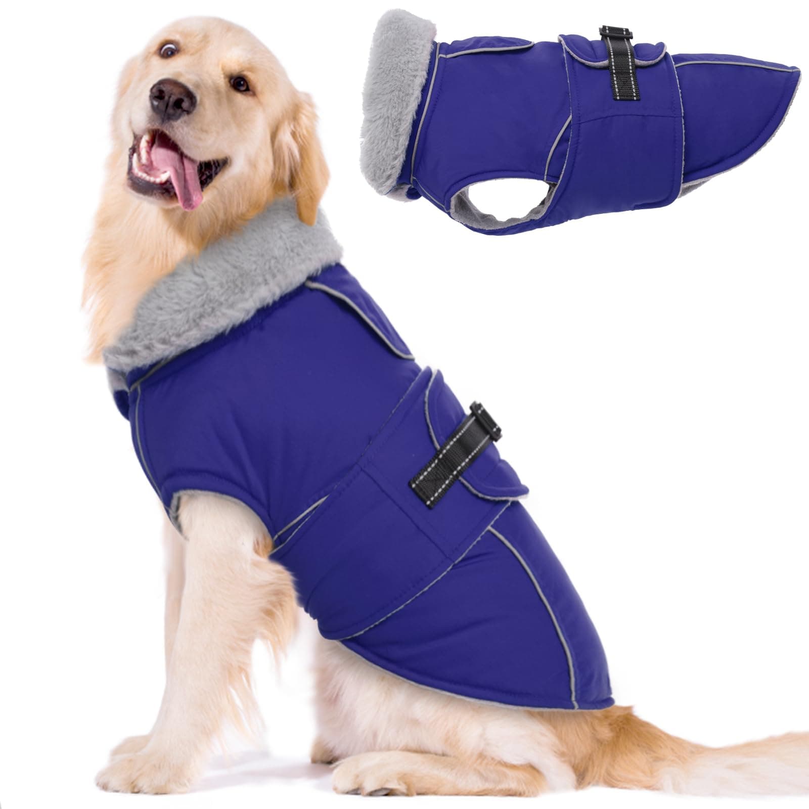 Lelepet Warm Dog Coat Reflective Fleece Vest Waterproof Dog Jacket with Adjustable Buckle Hook & Loop Windproof Cold Weather Coats for Small Medium Large Dogs, Blue, XL